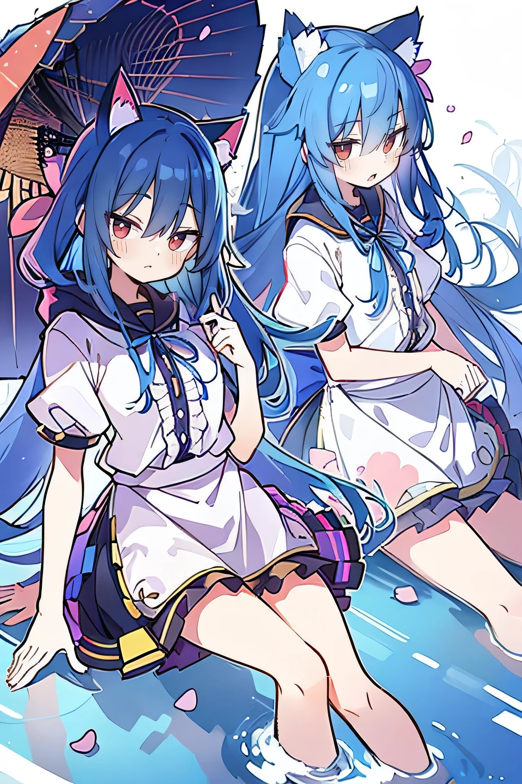 (masterpiece:1.2),Super detailed,lifelike,Expressive eyes,fair skin,perfect face shape,1 girl,
Japanese comics,Gorgeous blue hair,flowing blue hair,flowing clothes,Cat ears,Petals fall,beautiful lola,Baby Angel,
Shaking head with one hand,Cross your legs,Gentle and peaceful background,The pavilion is cool and comfortable,smile, wearing hoodie, background of tokyo,back views,snowing, winter,lie on the water.