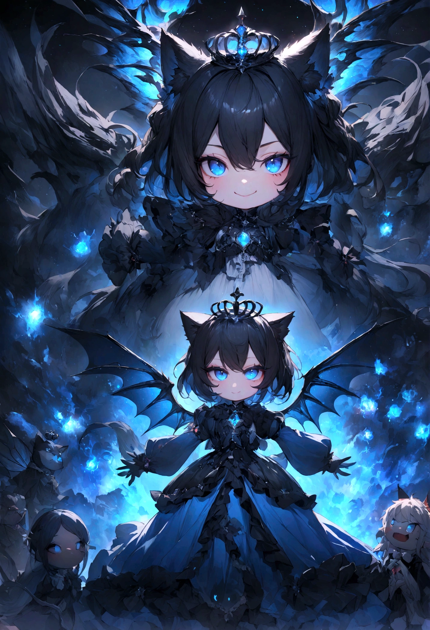 cute、、Young Girl、12age、Flying、Your eyes are bright and beautiful、whole body、Black Hair、Black cat ears、a cunning smile、magic攻撃、Gothic Lolita、Spoiled brat、Cat's Tail、Beautiful blue eyes、Black crown、Black and blue vampire wings、Glare、Rin々Funny face、beautiful、blue Moon、green rose、Lots of blue light、universe、Fantasy,Lots of light、gem、magic、AmbiLight,The colors are vivid and bright,Black background,haze,Detailed depiction,Rich details,Explosion of imagination,Surreal,Ultra-realistic,masterpiece,8k,Light,Tyndall effect