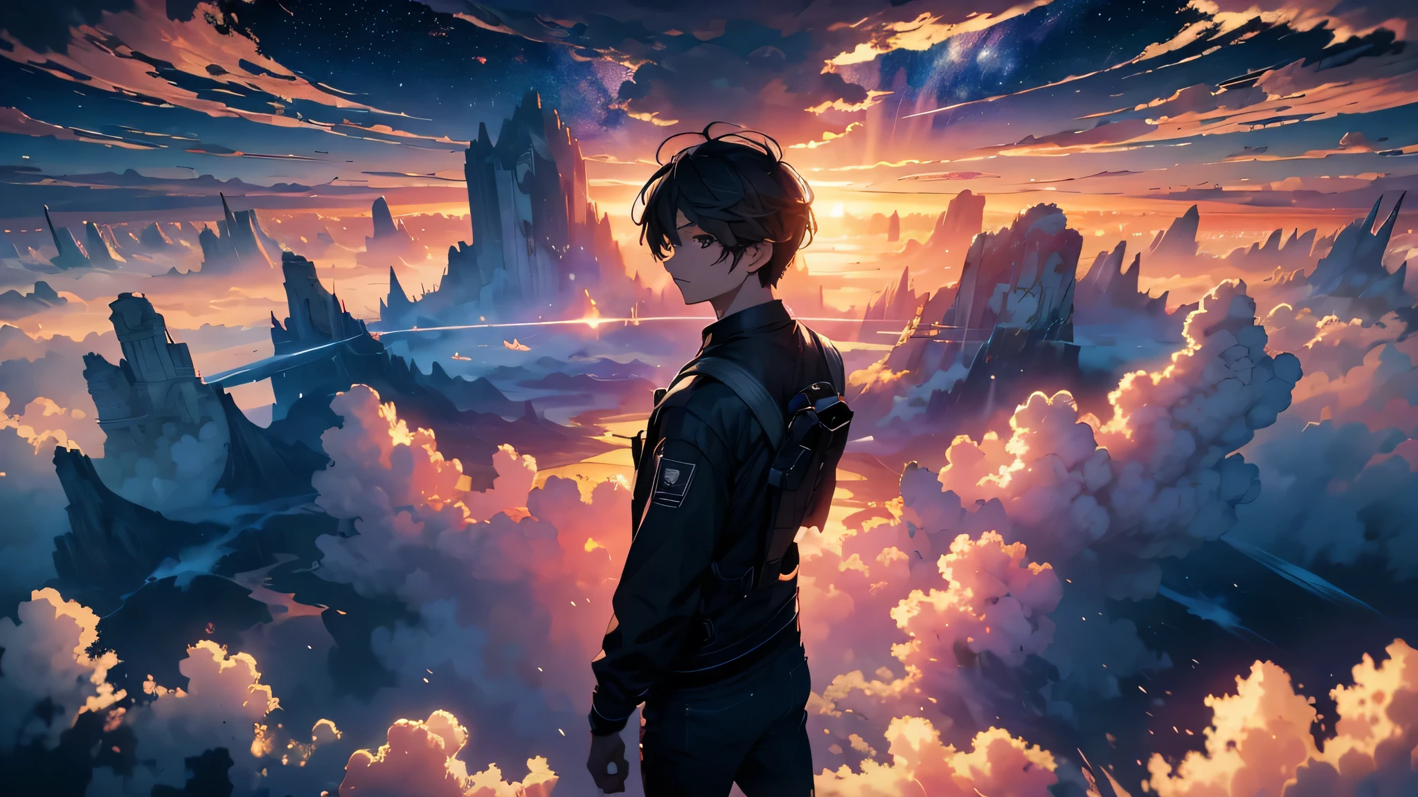 Ridiculous resolution, A high resolution, (Masterpiece:1.4), ultra - detailed, 1boy, looking from above, the space, huge portal,depth of fieldaximum definition and sharpness,perfectly proportions,Fluttering clouds,Wallpapers,8K,dream magical, , dusk --v 6