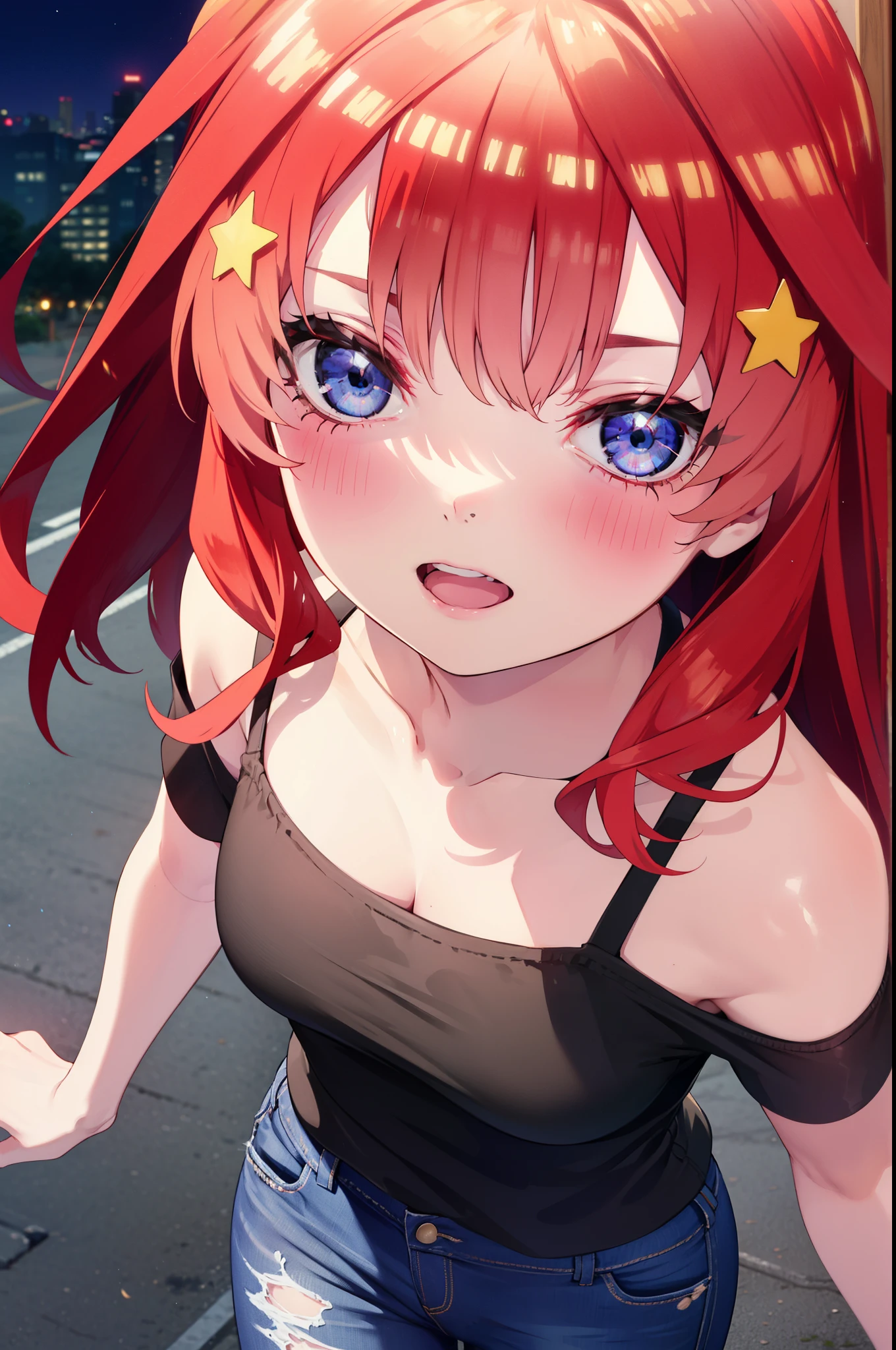itsukinakano, Itsuki Nakano, bangs, blue eyes, Hair between the eyes, Ahoge, Redhead, star \(symbol\), hair ornaments, star hair ornaments,smile,blush,Open your mouth,,Cold shoulder tops,Skinny jeans,Short sleeve,Stiletto heels,night,Walking,moon,whole bodyがイラストに入るように,Looking down from above,
break outdoors, In town,Building district,
break looking at viewer, whole body,
break (masterpiece:1.2), highest quality, High resolution, unity 8k wallpaper, (figure:0.8), (Beautiful fine details:1.6), Highly detailed face, Perfect lighting, Highly detailed CG, (Perfect hands, Perfect Anatomy),
