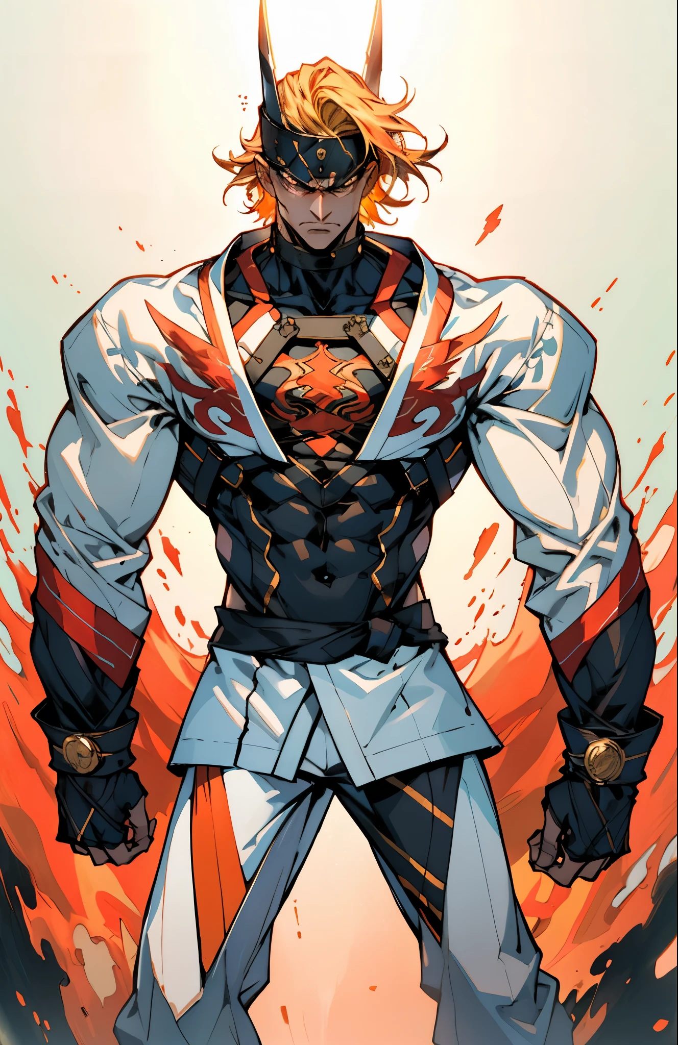A man with short golden hair, middle-parted bangs, a hexagonal metal forehead protector, round glaring eyes filled with anger, a furious expression, chiseled facial features, a muscular build, an orange fantasy martial arts-style coat with flame-shaped decorations on the collar, a luxurious red and white undershirt, matching trousers, the backdrop of a fantasy-style city street, this character embodies a finely crafted fantasy martial arts-style warrior in anime style, exquisite and mature manga art style, dramatic, high definition, best quality, highres, ultra-detailed, ultra-fine painting, extremely delicate, professional, perfect body proportions, golden ratio, anatomically correct, symmetrical face, extremely detailed eyes and face, high quality eyes, creativity, RAW photo, UHD, 32k, Natural light, cinematic lighting, masterpiece-anatomy-perfect, masterpiece:1.5
