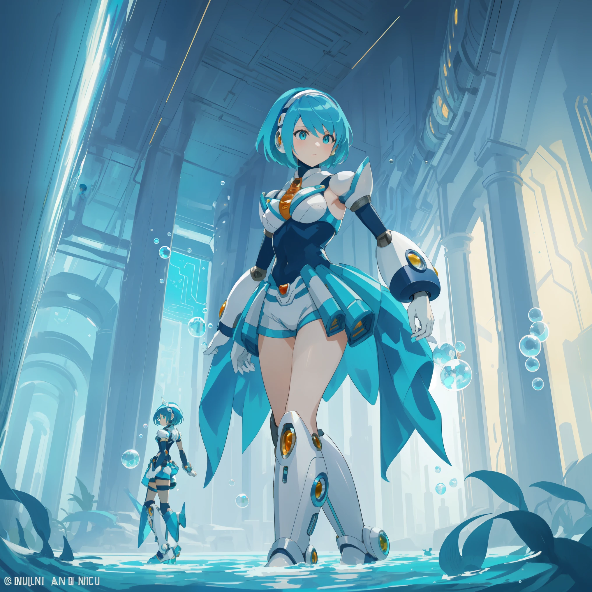 rico_megamanxdive, 1girl, solo, blue eyes, short hair, blue hair, android, high quality, masterpiece, standing in an underwater city with lots of bubbles, in the style of yuumei, intricate architectures, indigo, miniature illumination, daniel f. gerhartz