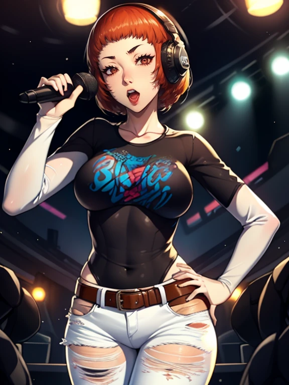 Leonie,earrings ,lipstick, eye shadow, makeup, 1girl, solo, black t-shirt, white shirt, blue jeans, belt, lipstick, large breasts, layered sleeves, sexy pose, holding a microphone, singing, stage background, headphones