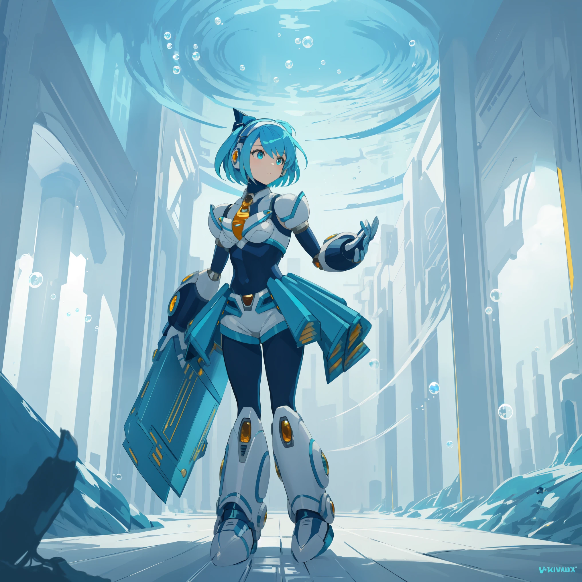 rico_megamanxdive, 1girl, solo, blue eyes, short hair, blue hair, android, high quality, masterpiece, standing in an underwater city with lots of bubbles, in the style of yuumei, intricate architectures, indigo, miniature illumination, daniel f. gerhartz