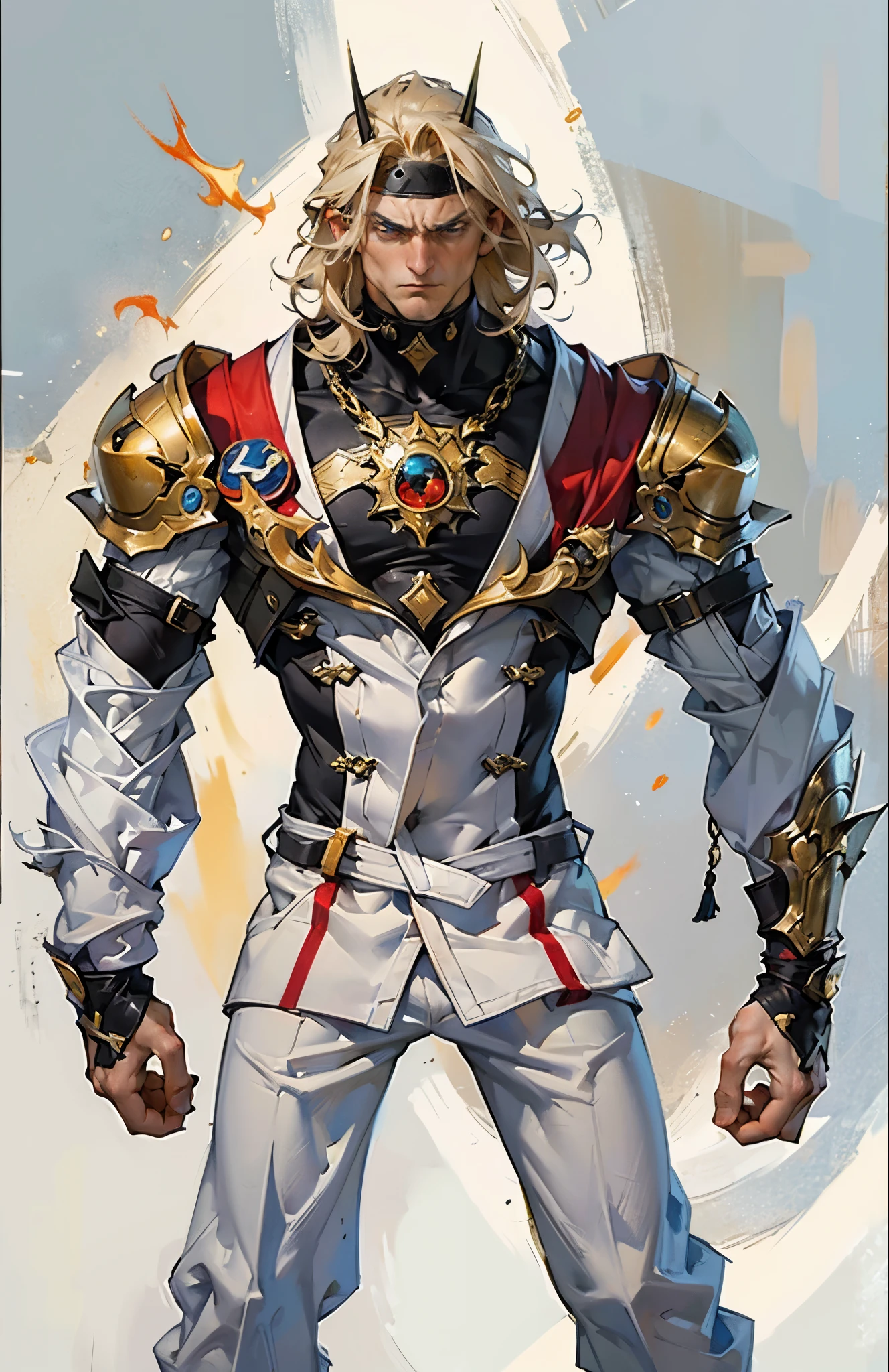 A man with short golden hair, middle-parted bangs, a hexagonal metal forehead protector, round glaring eyes filled with anger, a furious expression, chiseled facial features, a muscular build, an orange fantasy martial arts-style coat with flame-shaped decorations on the collar, a luxurious red and white undershirt, matching trousers, the backdrop of a fantasy-style city street, this character embodies a finely crafted fantasy martial arts-style warrior in anime style, exquisite and mature manga art style, dramatic, high definition, best quality, highres, ultra-detailed, ultra-fine painting, extremely delicate, professional, perfect body proportions, golden ratio, anatomically correct, symmetrical face, extremely detailed eyes and face, high quality eyes, creativity, RAW photo, UHD, 32k, Natural light, cinematic lighting, masterpiece-anatomy-perfect, masterpiece:1.5