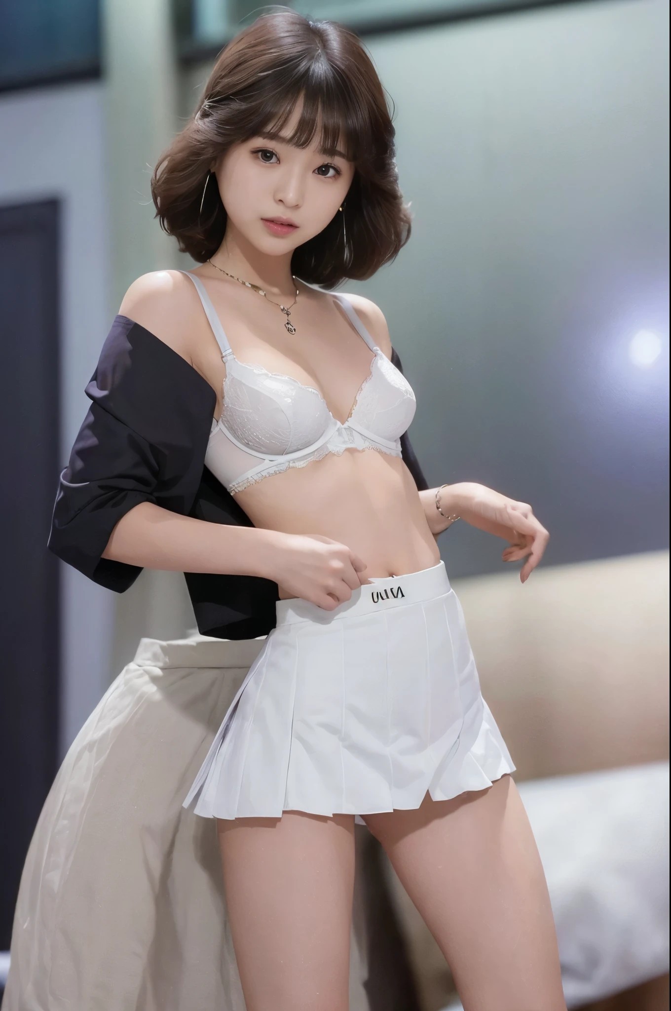 ,Necklaces, rings, earrings, watches, jewellery,suit,2 lady,realistic,(ultra quality:1.2),japanese,high quality,masterpiece,(ultra detailed:1.4),japanese lady,beautiful face,(real bra:1.6),(skirt:1.8),((office)),(small breast:1.6),slender,highres,(various type bra:1.4)