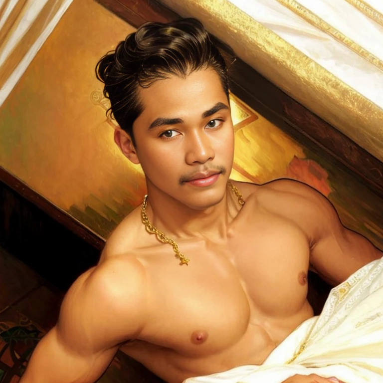 hyperrealistic oil painting art by (charles dana gibson: 1.3) and (alphonse mucha: 1.3) and (michael angelo: 1.3), of a men his face (blend: Timothée Chalamet: 0.5: Jason momoa: 0.5), as A super handsome god javanese, nude, muscled body with big pointy puffy nipples, erect nipples, blue eyes, wear ivory gold accessories gold diamond head band, shoulder band, gold chain necklace, diamond pendant, white skin, 4k, bokeh blurr background, HD picture, Real picture,