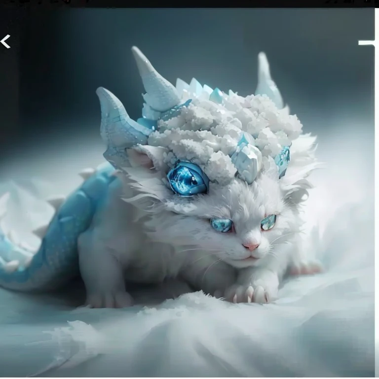 There is a white cat with horns and blue eyes., Cute Dragon, Albino dwarves, newly hatched dragon, Soft and delicate dragon features, Detailed creatures, Albinomistic, Frozen white eyes, Fluffy furry rainbow dragon, A dragon made of clouds, a cute little blue dragon, cute little creature, highly Detailed creatures, Dragon scales on hairline, Fantasy creatures