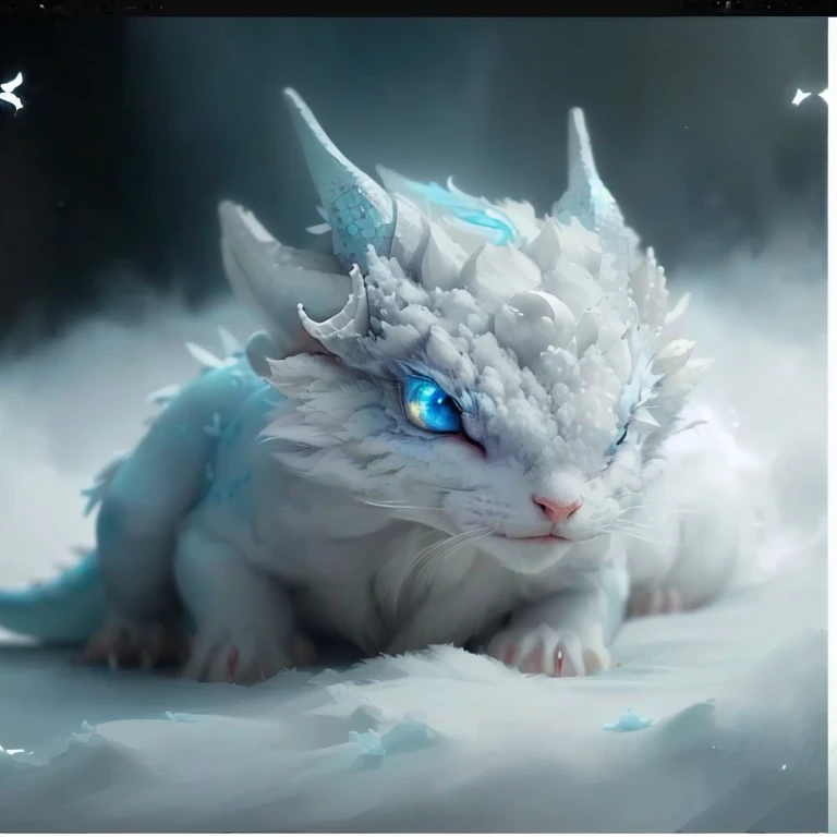 There is a white cat with horns and blue eyes., Cute Dragon, Albino dwarves, newly hatched dragon, Soft and delicate dragon features, Detailed creatures, Albinomistic, Frozen white eyes, Fluffy furry rainbow dragon, A dragon made of clouds, a cute little blue dragon, cute little creature, highly Detailed creatures, Dragon scales on hairline, Fantasy creatures