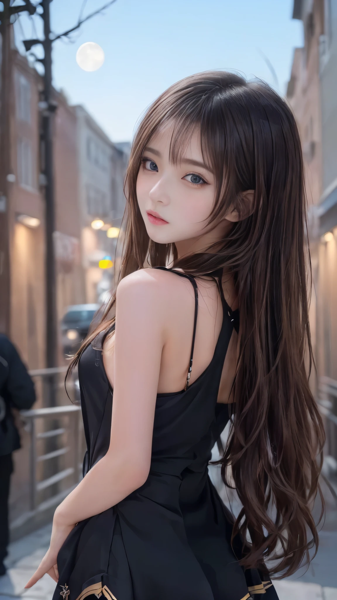A girl with long hair and a backpack walking against the background of a beautiful night moon, ((front:1.3)), ((Perfect Style)), Smooth body, Cute girl anime visuals, ((Erotic cute costumes:1.3)), ((Beautiful school girl)), ((Smooth and lustrous brown hair)), (Captivating blue eyes, Long, clumpy eyelashes:1.1), high nose, (Moisturizing lips:1.2), (Beautiful breasts:1.2), (Detailed hair quality:1.2), (Detailed eyes and face:1.3), (Detailed hands:1.3), (Perfect Anatomy:1.2), (highest quality, 8K, masterpiece:1.2), Slender body line, Small and slender figure, (View Viewer:1.2, blush:1.2), ultra high resolution, Ultra-detailed
