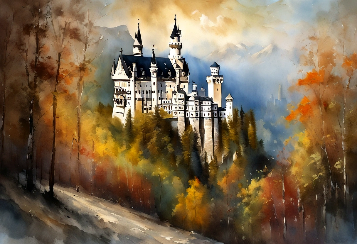 ((materpiece)), ((best quality)), ((high-res)), ((Ink wash)), ((artist)), ((extremly details)), ((impasto painting)), Neuschwanstein Castle in Germany