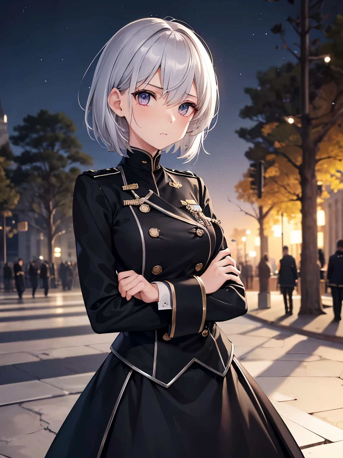 1girl,silver hair,silver eyes,black army uniform Sad expression, hands Holding chest,,, short hair, standing in the park, at night, close up photo, Ultra detail, ultra HD, masterpiece 