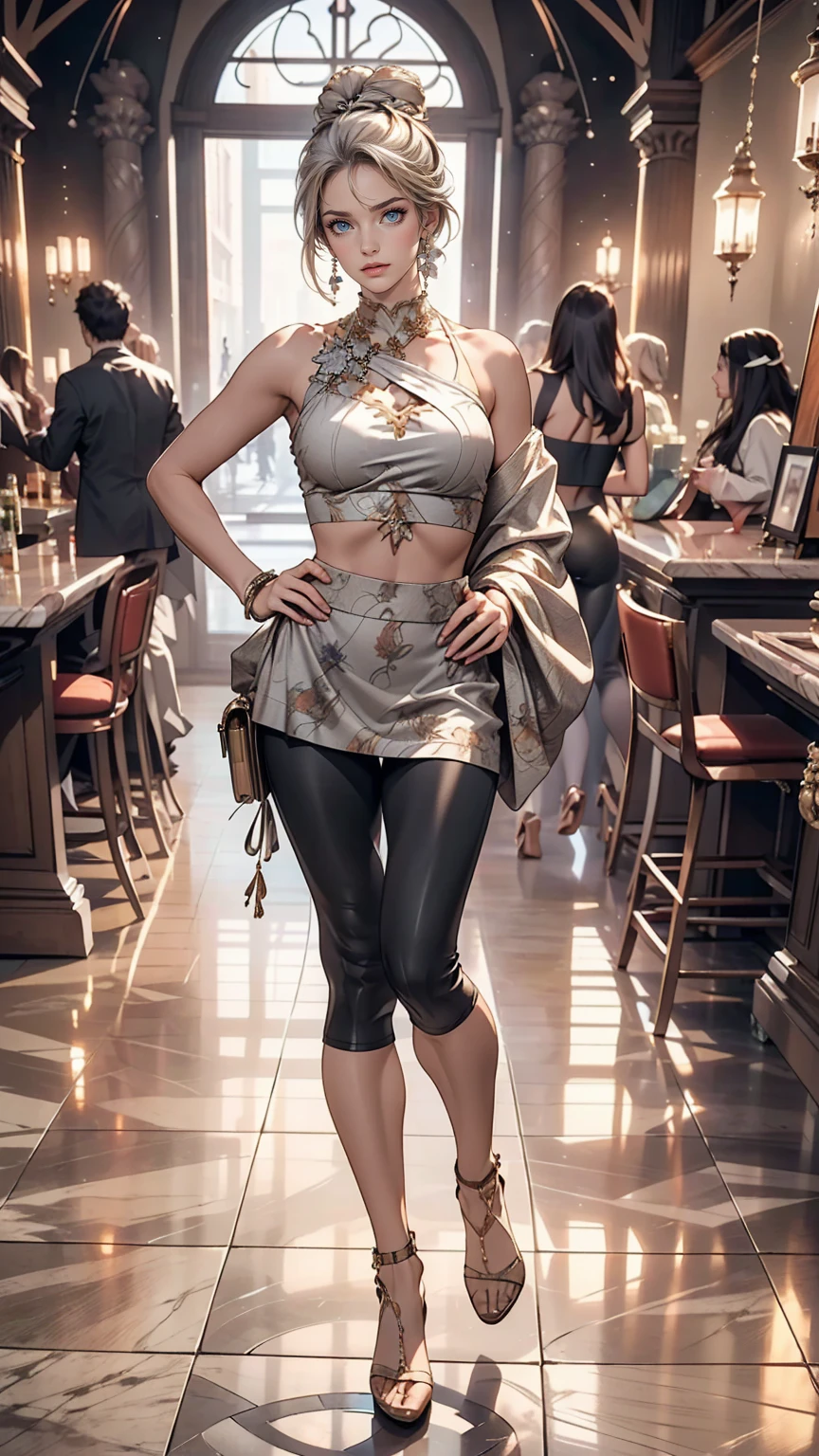 25-year-old Caucasian female、Silver Hair、Side-swept chignon((side bun))、Front cutout((front cutout))Wear tops、Wear low rise leggings、Setback Heel((set back heel))Wear、Place your hands on your hips、Model standing、Marble floor、Cowboy Shot
