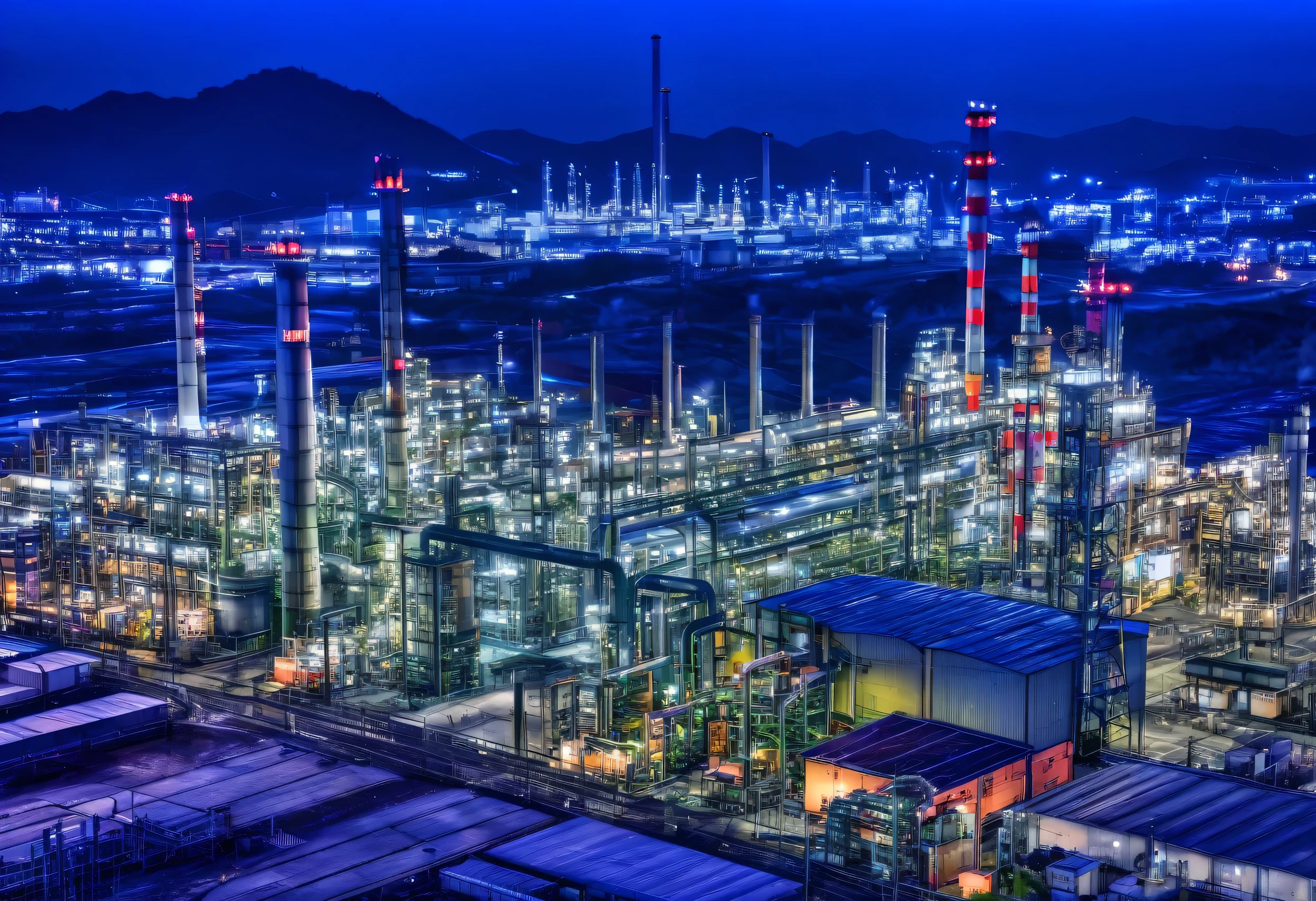 arafed view of a large Industrial plant with a lot of lights, Tadashi Nakayama photo, Flicker, Process Art, Industrial photography, chemical plant, Industrial complex, Industrial factory, Industrial, Industrial setting, Factory background, Industrial surrounding, Industrial environment, Industrial plant environment, industry, HDR photo, industry, HDR shot, Industrial apparent, Detailed factory, factory