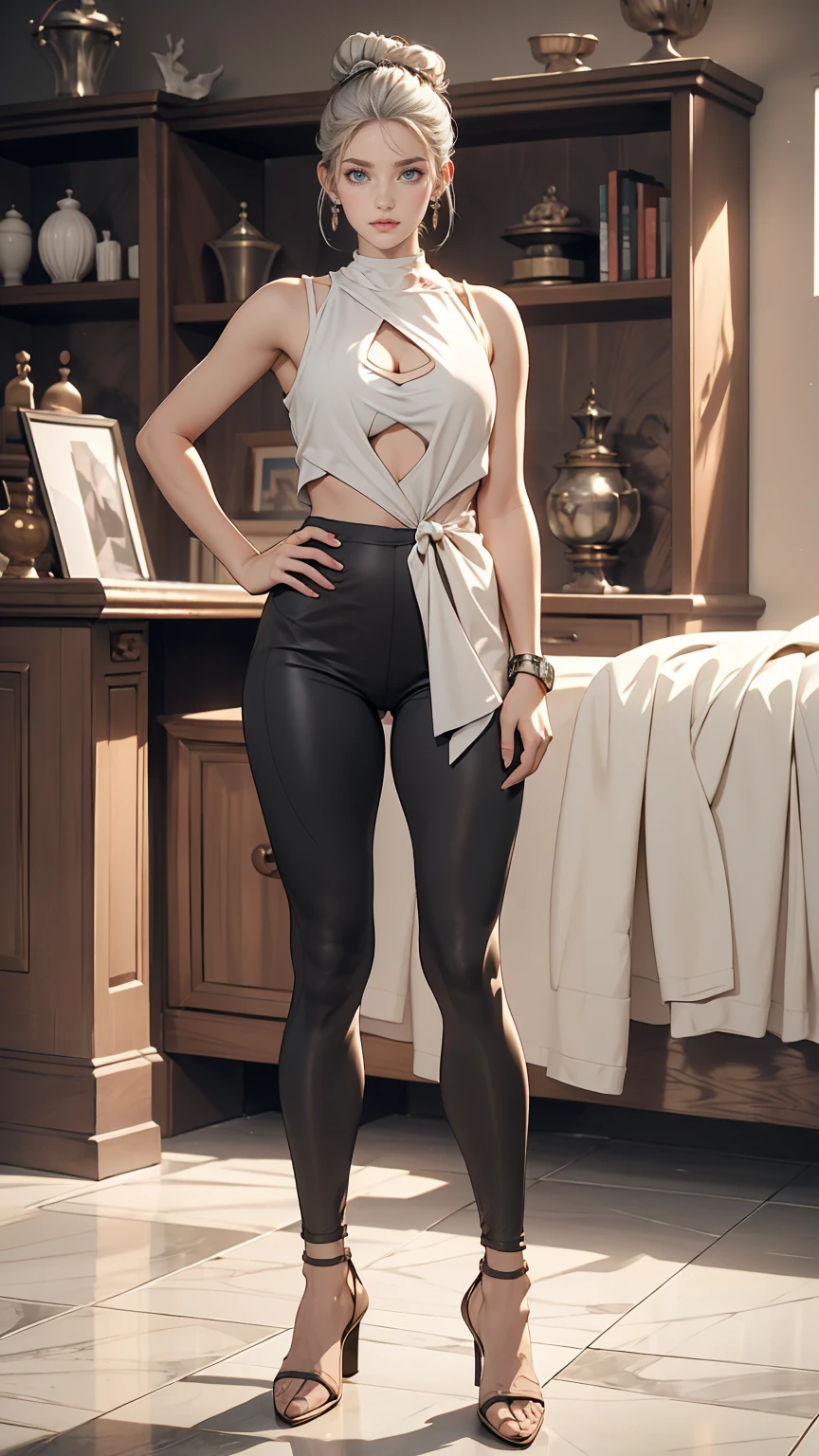 25-year-old Caucasian female、Silver Hair、Side-swept chignon((side bun))、Front cutout((front cutout))Wear tops、Wear low rise leggings、Setback Heel((set back heel))Wear、Place your hands on your hips、Model standing、Marble floor、Cowboy Shot