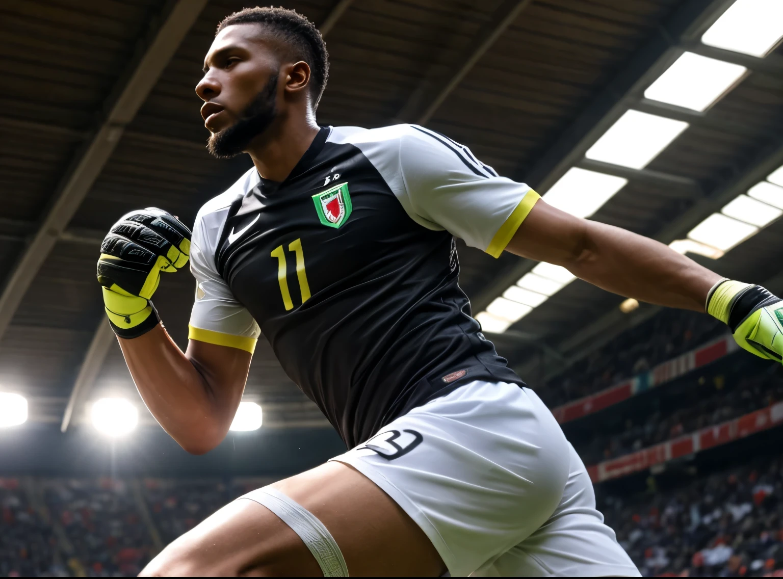 Senegal soccer goalkeeper. Goalkeeper gloves. 24 years old. Black hair. Buzz cut. Short hair. Strong chin. Black skin. Ducktail beard. Dramatic light. Torso photo. Male. Black jersey. Masterpiece, best quality, 4k, very detailed. Male. Making a save. Fantastic save