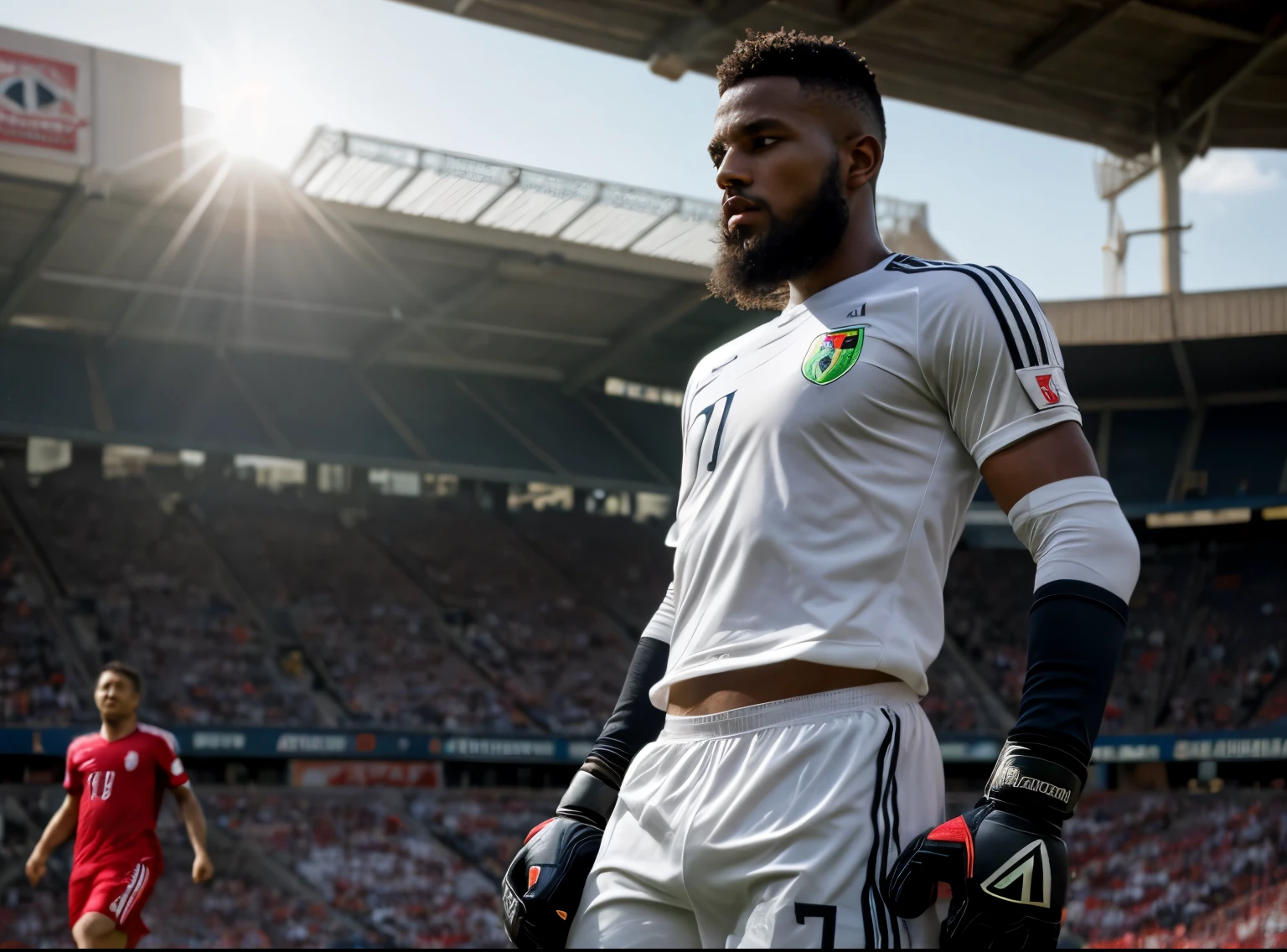 Senegal soccer goalkeeper. Goalkeeper gloves. 24 years old. Black hair. Buzz cut. Short hair. Strong chin. Black skin. Ducktail beard. Dramatic light. Torso photo. Male. Black jersey. Masterpiece, best quality, 4k, very detailed. Male. Making a save. Fantastic save
