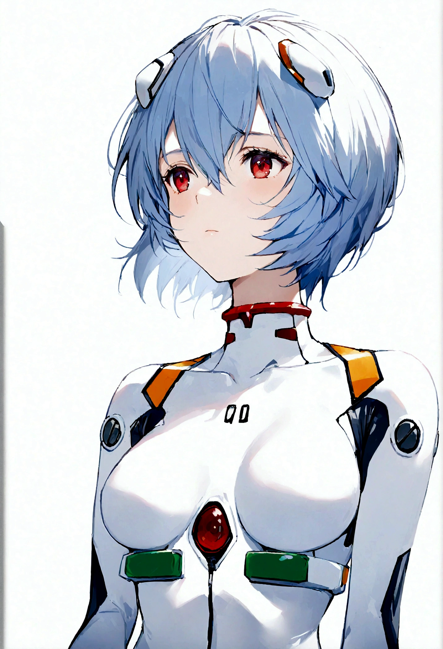 One girl, ayanami rei, alone, Red eyes, Plug Suit, short hair, Blue Hair, chest, Bodysuits, Upper Body, White Background, white Bodysuits, Simple Background, Interface Headset, bangs, Mouth closed, Hair between the eyes, medium chest, medium quality, slow, Full body photography