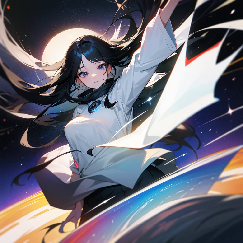 black hair,Long hair that reaches the floor,white da,There is 1 spot in the eye.,Young woman,in space,Black hole