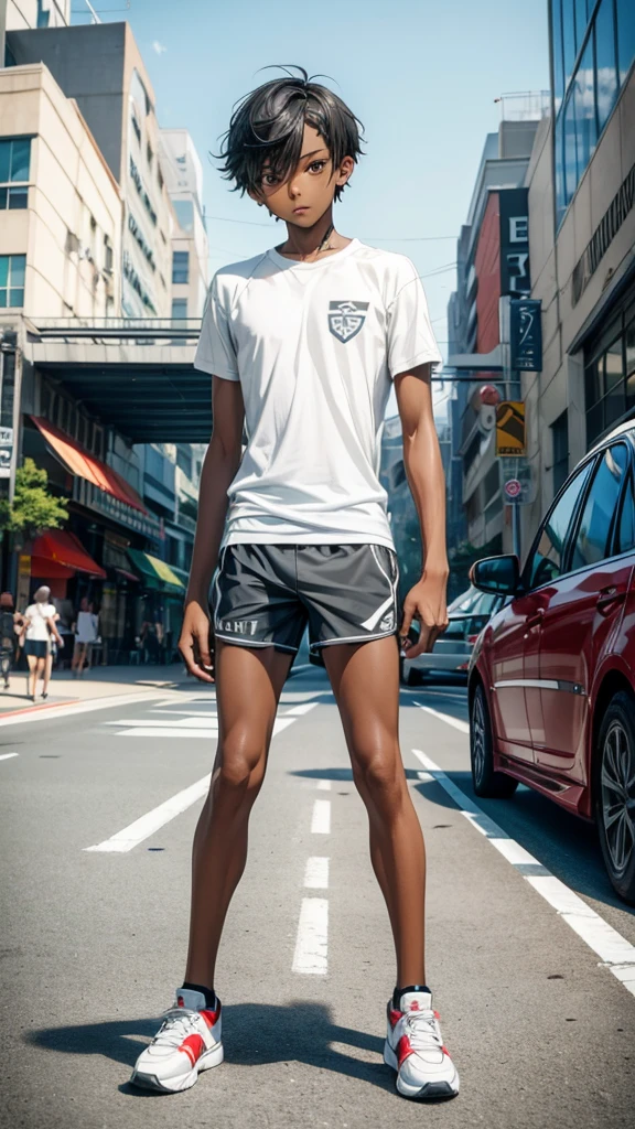 Gray and white short hair boy，Dark skin，flat chest，Extremely slim body，Tattoo，short sleeve shirt，thong，sports Shorts，Thin legs，sports shoes，City