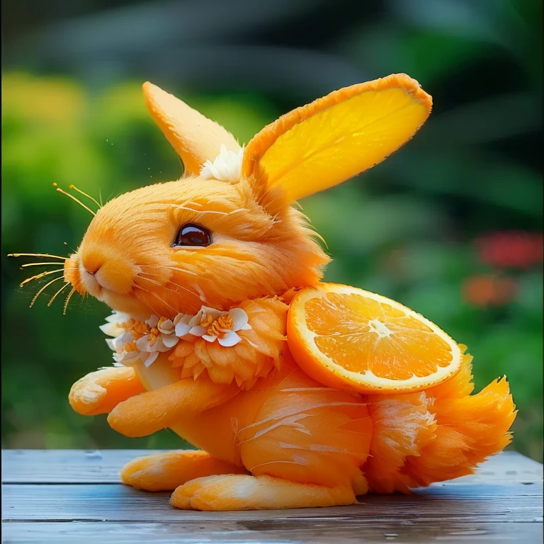 there is a small orange rabbit made out of orange slices, 🐿🍸🍋, Food art, fluffy orange skin, Anthropomorphic rabbit, cute anthropomorphic bunny, Made of fruits and flowers, orange head, Made of flowers and fruits, orange fluffy belly, orange color, orange colors, by Tadashi Nakayama, orange, bunny, vibrant orange