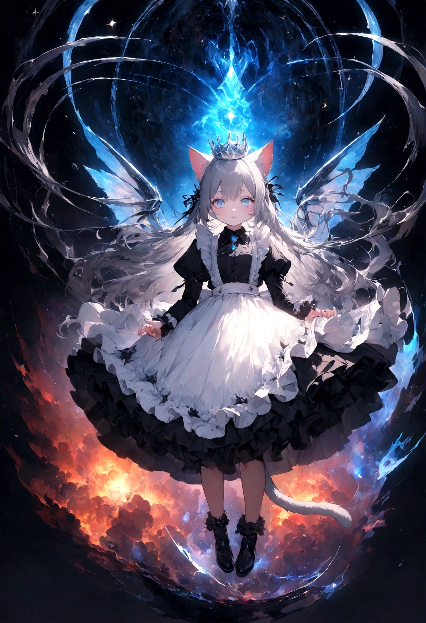 Maid clothes、cute、、Young Girl、１２age、Flying、Your eyes are bright and beautiful、whole body、Gray Hair、White cat ears、Cat&#39;s Tail、Beautiful blue eyes、White Crown、白いgem、piano、White Vampire Wings、Rin々Funny face、beautiful、Black Moon、Lots of blue light、universe、Fantasy，Lots of light、gem、magic、AmbiLight，The colors are vivid and bright，Black background，haze，Detailed depiction，Rich details，Explosion of imagination，Surreal，Ultra-realistic，masterpiece，8k，Light，Tyndall effect