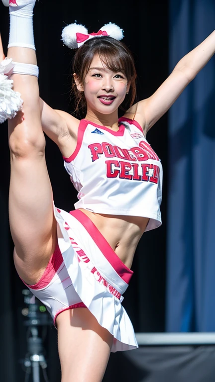 Cheerleader pom-poms and a fetish cheerleader wearing a miniskirt cheer suit, , raising the leg above the head, So that her white panties are visible.、Lift your legs up and show me your underwear、