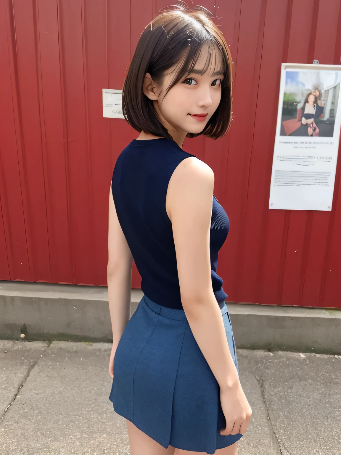 In detail,Full body photo、One high school girl、High resolution, high quality、Slim body、Shapely small breasts、Perfect dynamic composition, Beautiful fine details, Short Hair、Natural color lip,Kamimei、15-year-old girl、Clear Skin、Sleeveless green sailor suit、Navy blue mini skirt、Thighs、Shiny Hair、最high quality, figure, Very detailed, In detail, High resolution, 8k、The correct state of the human body、Sculpture model pose，Red Wall,Looking at the viewer with his back turned、Thighs are visible、smile、