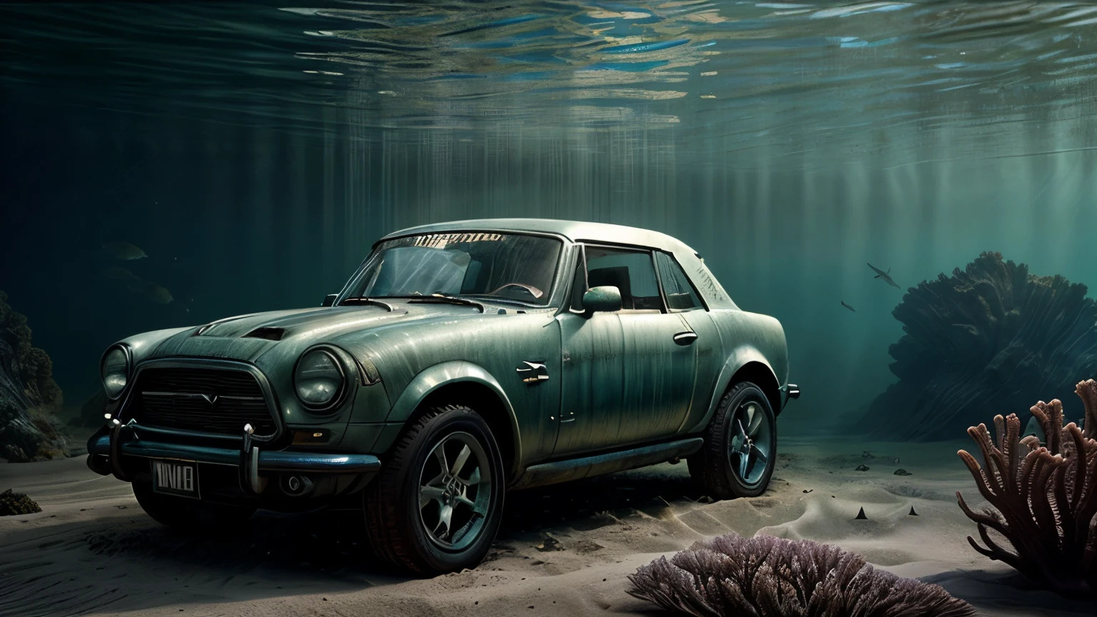 There&#39;s a sports car at the bottom of the ocean, surrounded by marine life. Light breaks through the water, creating mystical lighting. The car is partially covered with seaweed and coral, which emphasizes his prolonged stay under water. A variety of fish and other marine life swim around.

Details for creating a picture:

Main object:

sports car (Sports car).
Clean lines and modern car design, but with elements of corrosion and fouling by algae and corals.
ambient:

Ocean floor, covered with sand and stones.
Marine flora: algae, armed, sea grass.
Marine fauna: various types of fish, Maybe, small sharks, Jellyfish.
Lighting & Atmosphere:

Scattered light, penetrating through the water from above, creating soft light rays.
Shadows & Depth, giving the image realism.
Bluish and greenish shades, characteristic of the underwater environment.
Additional elements (Optional):

Shipwrecks or old chests in the distance to add ambience.
little air bubbles, rising from the car.
Style and mood:

Realistic style with high detail.
Mystical and slightly mysterious atmosphere.
Combination of modern and natural.
Technical specifications:

a high resolution.
Realistic stylization.
Detailed elements of the car and the underwater world.
Effective use of light and shadow to create depth and realism.