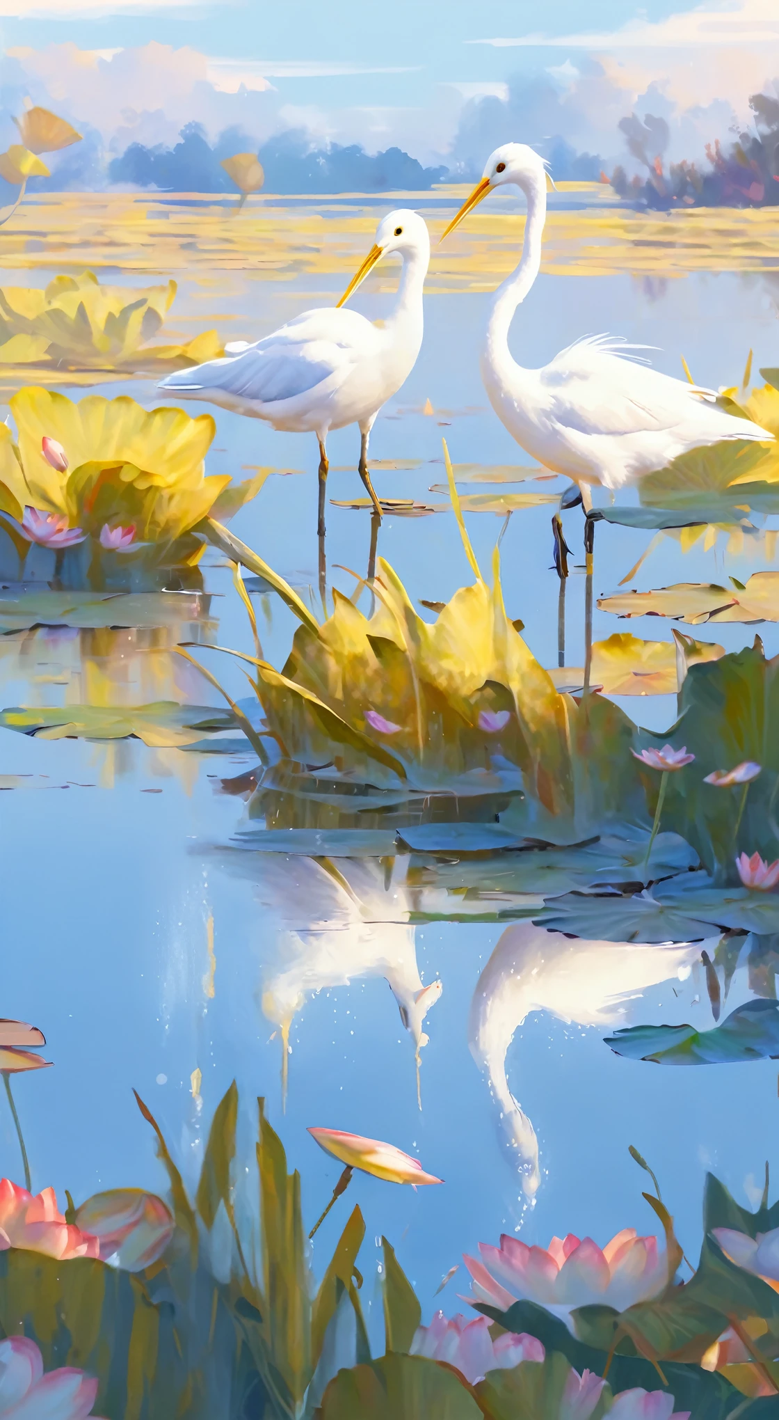 The painting shows two white birds standing in a pond full of water lilies, Detailed painting 4k, Low Detail. Digital Painting, Delicate soft painting, beautiful Digital Painting, detailed Digital Painting, Painting illustration, 4 k digits, 4K Digital, Beautiful art UHD 4K, Tranquility illustration,