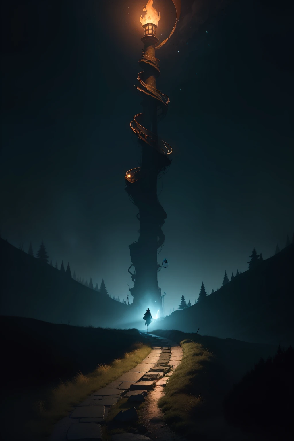 Mysterious adventurer,Shrouded in darkness, a solitary flaming torch serves as a beacon, illuminating a winding road that stretches into the unknown distance. The torch's flickering light pierces the inky night, symbolizing the determination and perseverance required to navigate the challenges ahead, and the progress that can be made even in the midst of darkness.