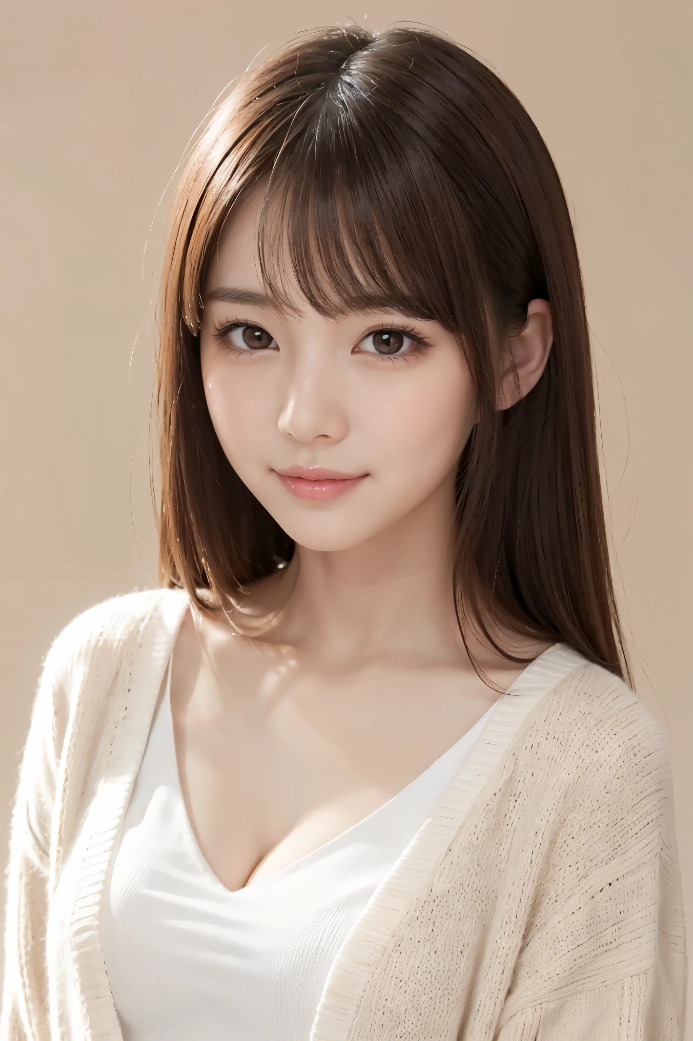 (highest quality、Tabletop、8k、Best image quality、Award-winning works)、1 pretty girl、(White fluffy elegant V-neck cardigan:1.1)、(Very smooth and finely textured elegant cardigan:1.1)、Perfect Girl Portrait Photo、Glowing Skin、Brown Hair、(Cleavage:1.1)、standing elegantly、Small face、(Big pretty eyes:1.1)、(Close-up of face:1.1)、(A slightly higher-up photo:1.1)、He looks up at me、A cute little smile、(The simplest beige background:1.1)