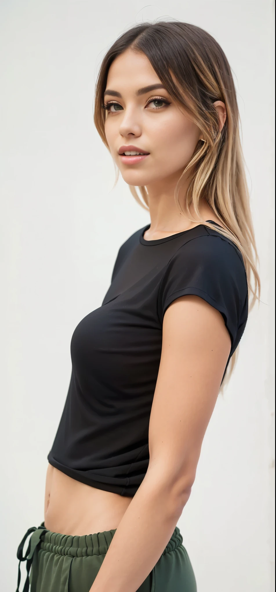a woman in a black top and green pants, blusa preta, wearing a camiseta preta, vestindo uma camiseta preta, vestindo camiseta preta, camisa apertada, camiseta preta, camiseta preta, camiseta preta, close da parte superior do corpo, regata preta apertada, Vestindo uma camisa preta, black jumpsuit, she is wearing a black blouse
