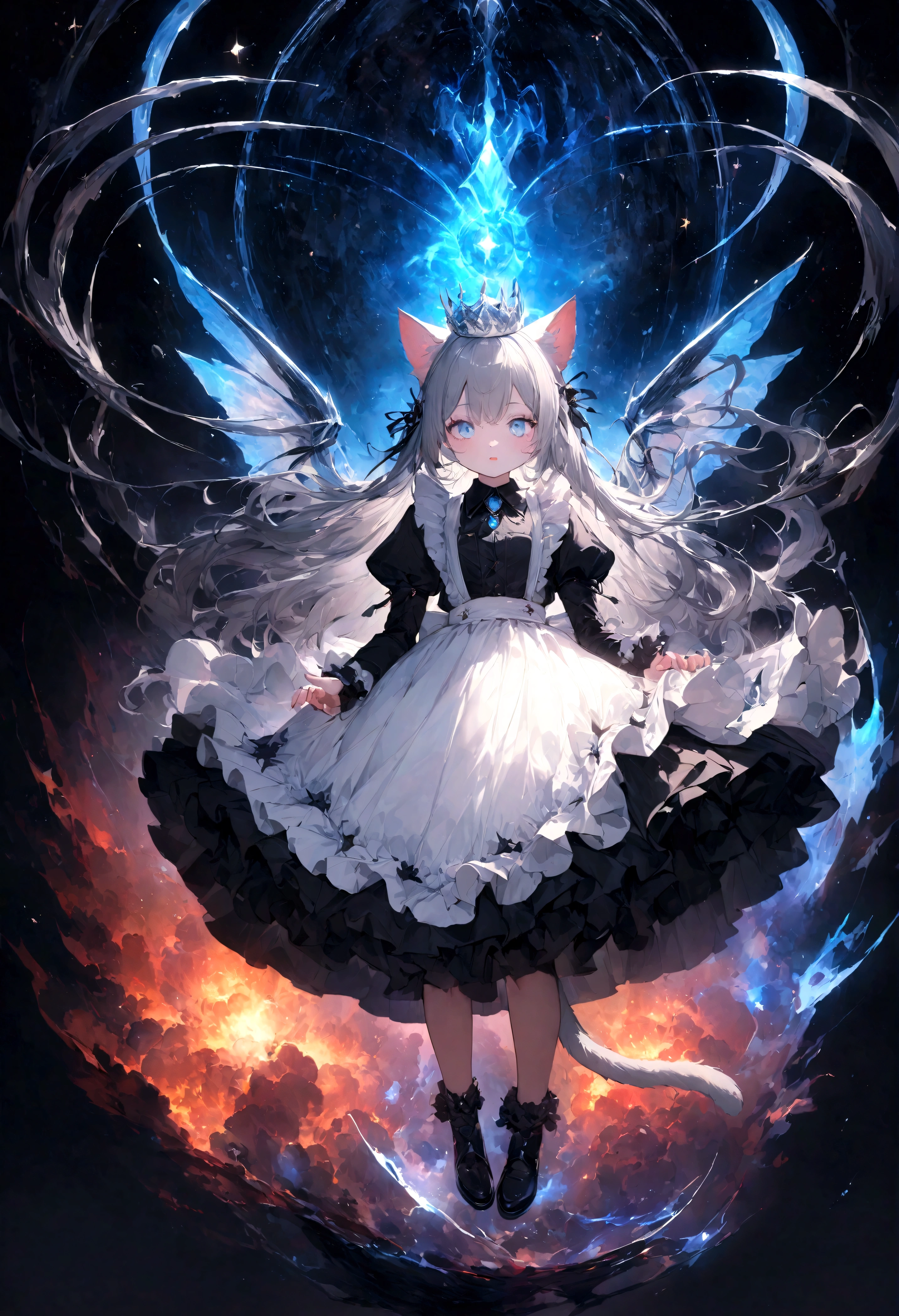Maid clothes、cute、、Young Girl、12age、Flying、Your eyes are bright and beautiful、whole body、Gray Hair、White cat ears、Cat's Tail、Beautiful blue eyes、White Crown、白いgem、piano、White Vampire Wings、Rin々Funny face、beautiful、Black Moon、Lots of blue light、universe、Fantasy,Lots of light、gem、magic、AmbiLight,The colors are vivid and bright,Black background,haze,Detailed depiction,Rich details,Explosion of imagination,Surreal,Ultra-realistic,masterpiece,8k,Light,Tyndall effect