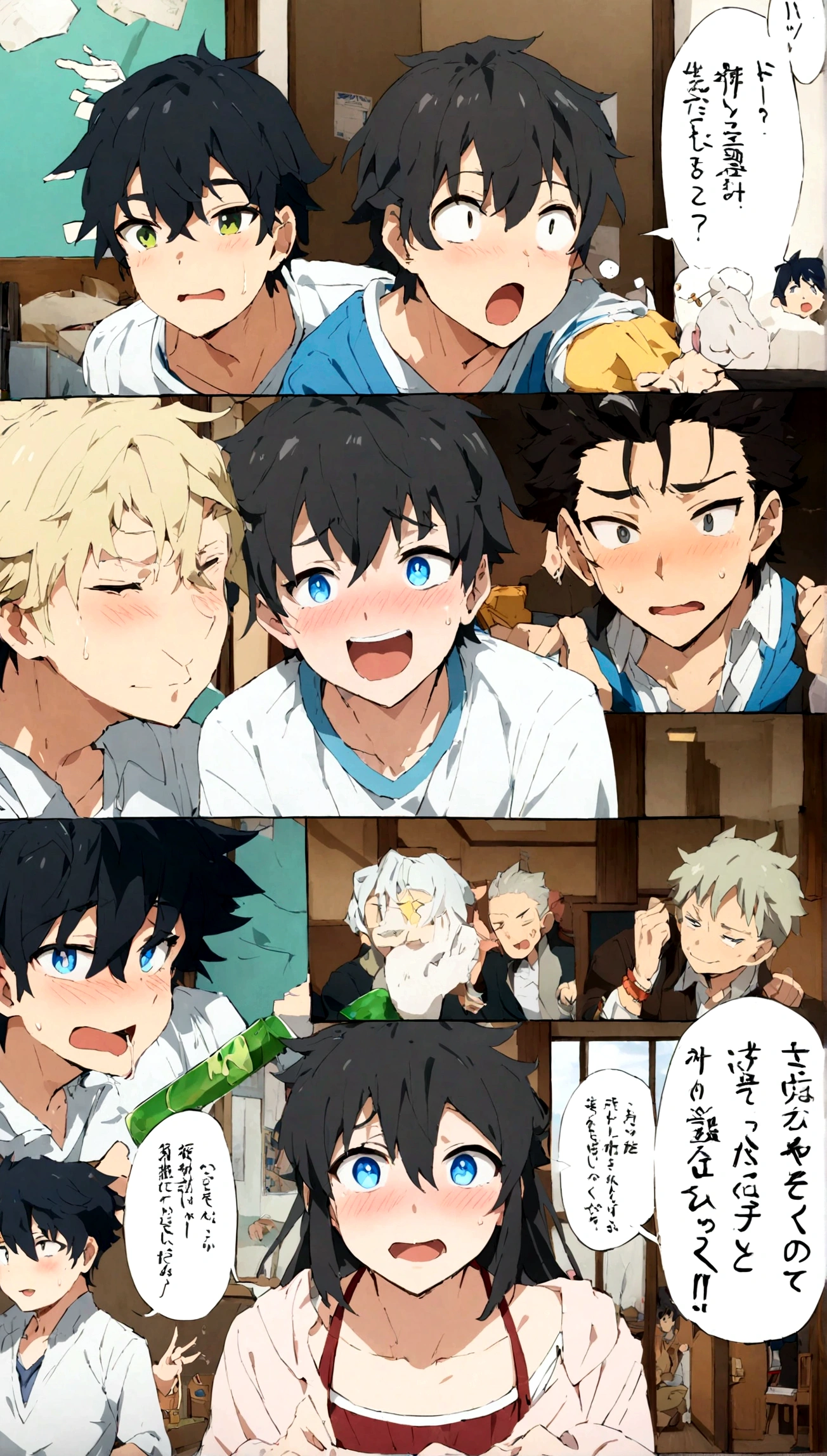 boys,,,,,,boys,,,,,,male protagonist,,,,,,Bright Eyes,blush,,Black Hair,Refreshing guy,,bright personality,,,,,Men's Focus,,A rich expression,,,,bracelet,Athletic Department Boys' Dormitory,,Junior and senior high school,,Casual clothes,,Boys' love intentionally created through brainwashing,,男子寮内の洗脳でホモ化するmale protagonistは,,,,,,It was pure innocence,,,creation,high resolution,4k,8k,quasi-masterpiece,highest quality,Anime Style,,Makoto Shinkai Style,,Cel animation art,,,,,Saliva