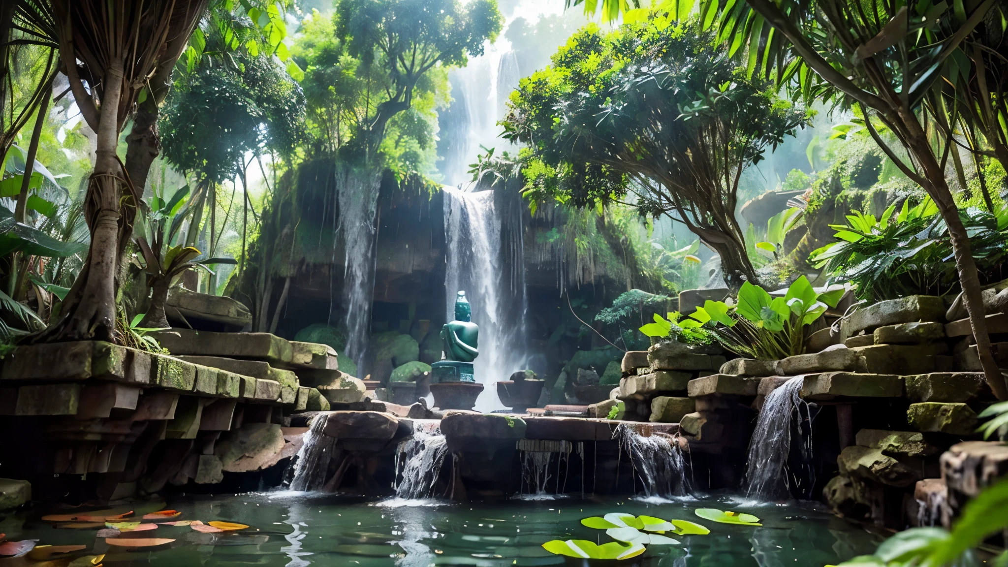 Damp Jungle、、waterfall、Thick banyan tree、Egyptian ancient ruins、Hanging Garden、mysterious、Egyptian Buddha Statue、A pond with floating aquatic plants、You can see fish in the water