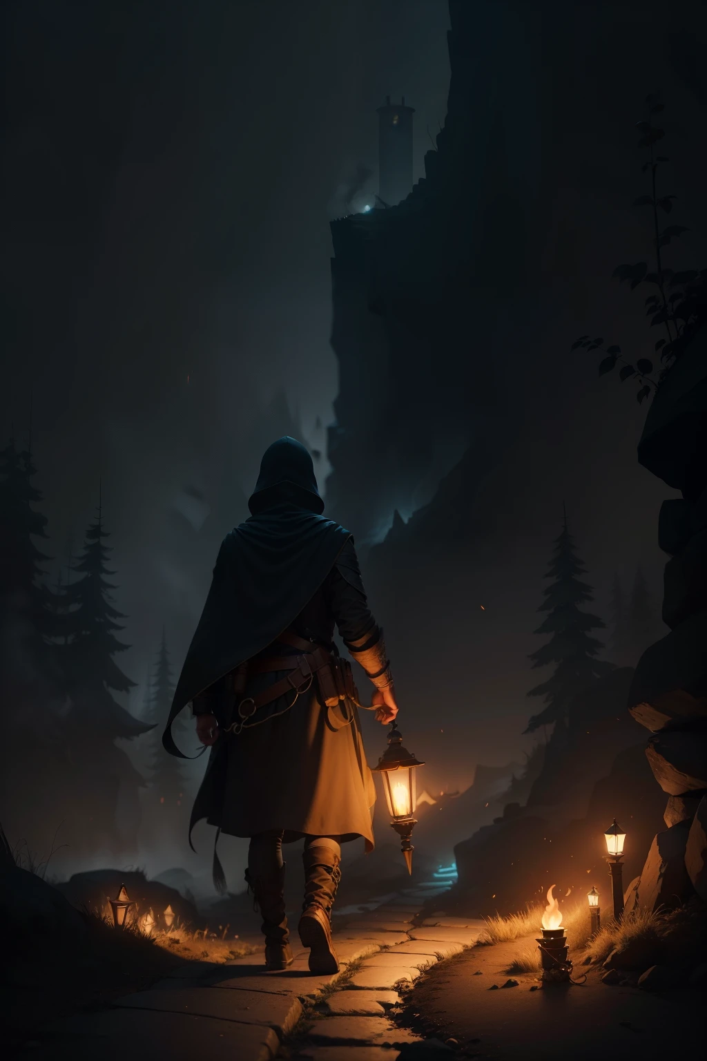 Mysterious adventurer,Shrouded in darkness, a solitary flaming torch serves as a beacon, illuminating a winding road that stretches into the unknown distance. The torch's flickering light pierces the inky night, symbolizing the determination and perseverance required to navigate the challenges ahead, and the progress that can be made even in the midst of darkness.