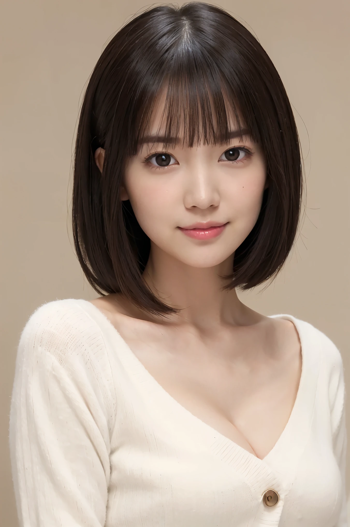 (highest quality、Tabletop、8k、Best image quality、Award-winning works)、1 pretty girl、(White fluffy elegant V-neck cardigan:1.1)、(Very smooth and finely textured elegant cardigan:1.1)、Perfect Girl Portrait Photo、Glowing Skin、Brown Hair、(Cleavage:1.1)、standing elegantly、Small face、(Big pretty eyes:1.1)、(Close-up of face:1.1)、(A slightly higher-up photo:1.1)、He looks up at me、A cute little smile、(The simplest beige background:1.1)