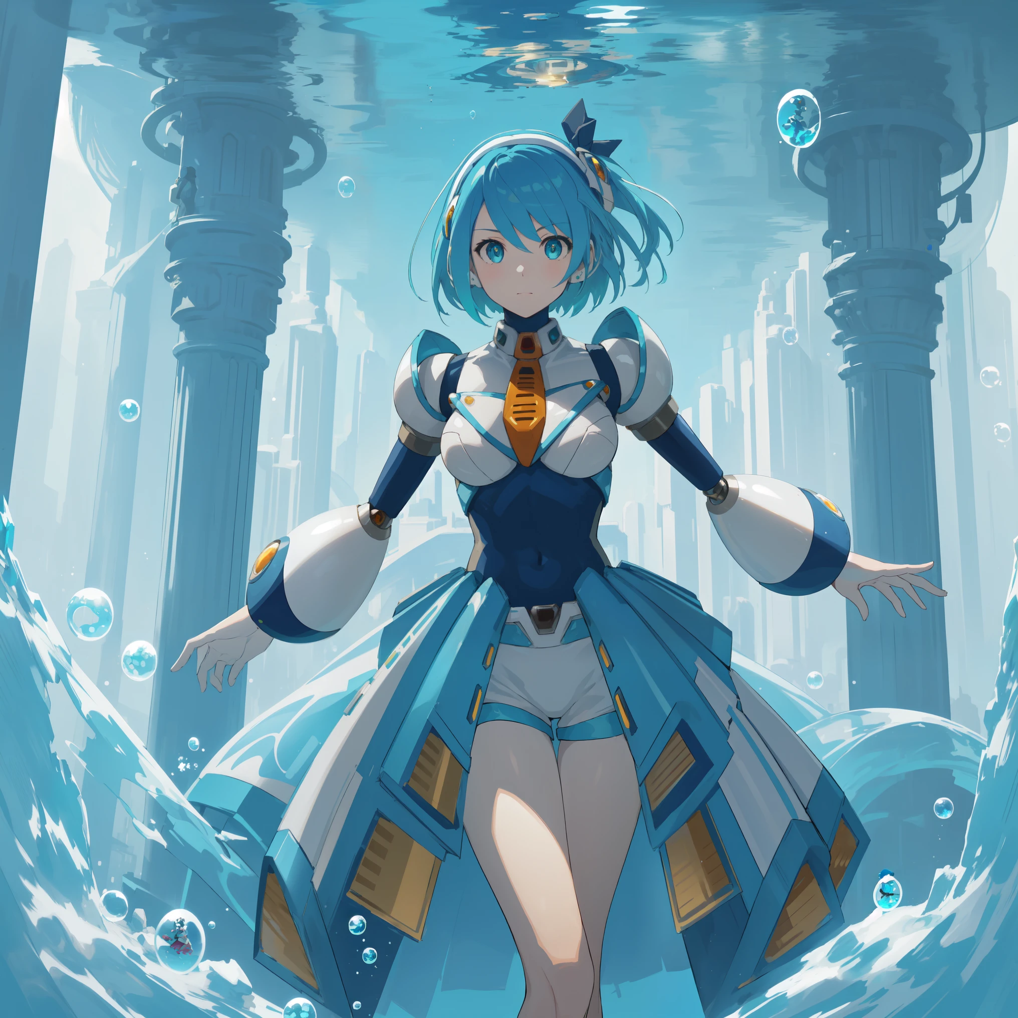 rico_megamanxdive, 1girl, solo, blue eyes, short hair, blue hair, android, high quality, masterpiece, standing in an underwater city with lots of bubbles, in the style of yuumei, intricate architectures, indigo, miniature illumination, daniel f. gerhartz