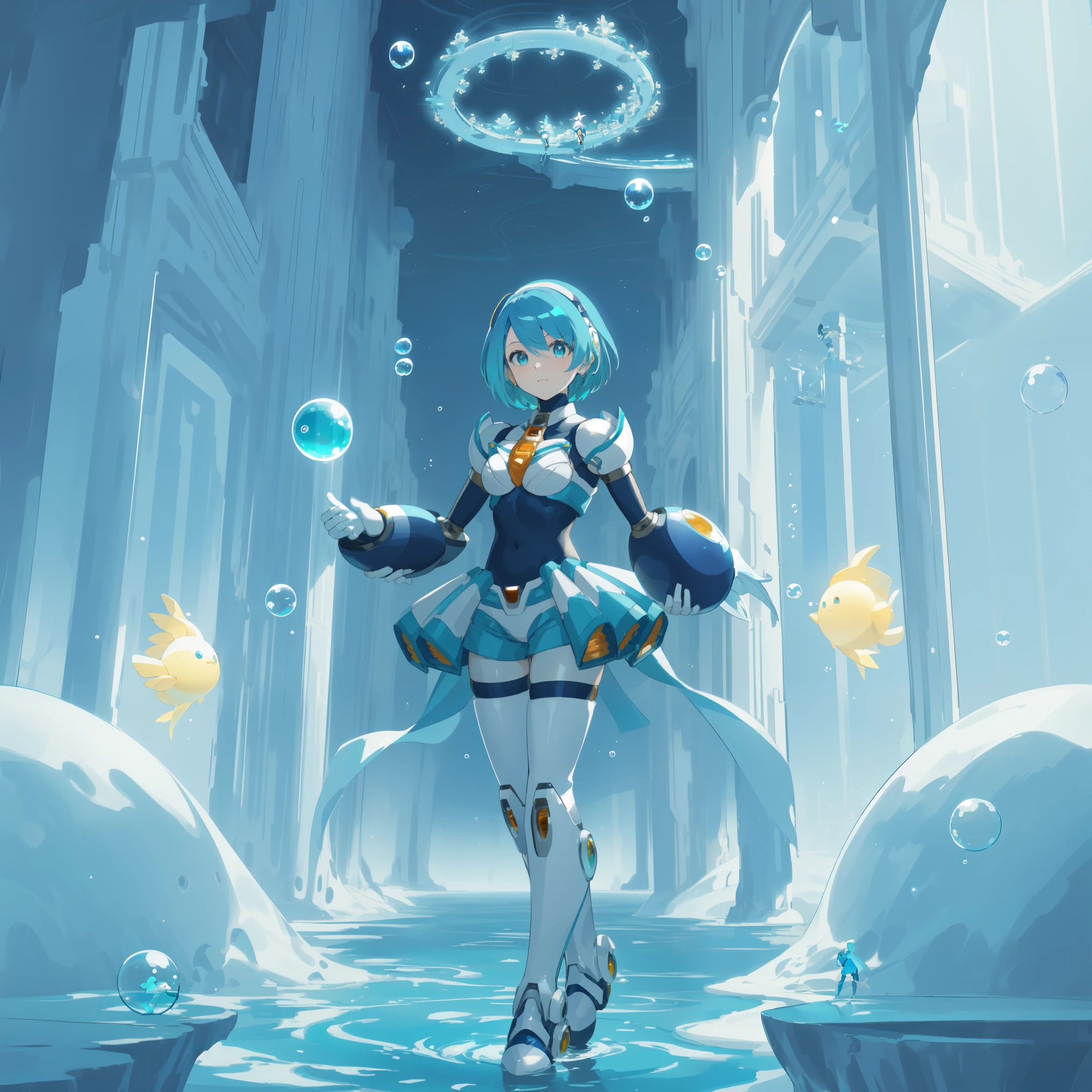 rico_megamanxdive, 1girl, solo, blue eyes, short hair, blue hair, android, high quality, masterpiece, standing in an underwater city with lots of bubbles, in the style of yuumei, intricate architectures, indigo, miniature illumination, daniel f. gerhartz