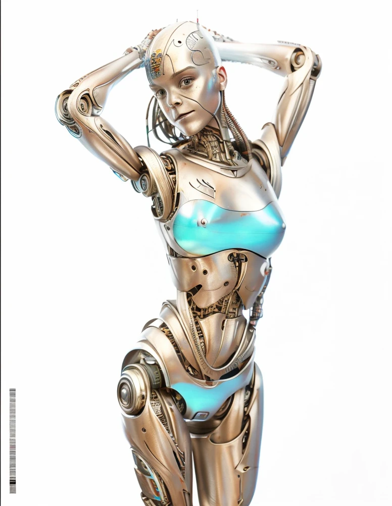 A bald cyborg Emma Watson, with loose wires, metallic skin, hoses, exposed torso, androidperson, mark brooks, david mann, robot brain, made of steel, hyperrealism, post-apocalyptic, mechanical parts, joints, mecha, j_sci-fi