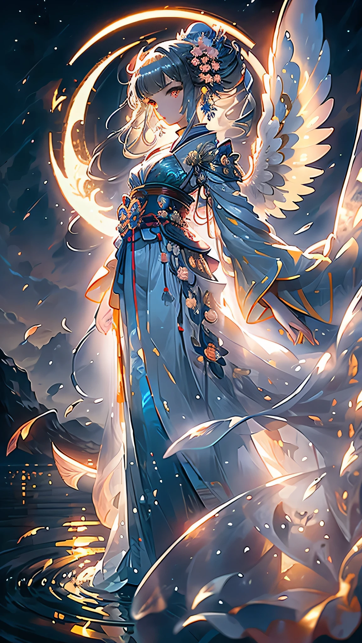 8K Hyperdetailed Anime Style Image:
A captivating 18-year-old girl, adorned in a stunning green kimono, stands tall against a backdrop of a breathtaking night sky, accentuated by the crescent moon. Her long blonde hair flows gracefully, illuminated by the ethereal glow of the moonlight. The enchanting girl boasts mesmerizing yellow eyes, radiating otherworldly beauty.
Her most striking feature, however, is the pair of majestic angel wings that emerge from her back, casting a fantasy atmosphere as they flutter gently, creating beautiful ripples on the water surface beneath her. The girl