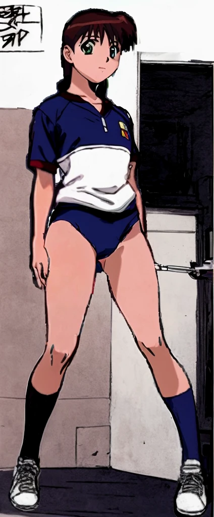 Satsuki Miyanoshita, with her beautiful legs, is standing with her legs spread to the side in a white gym uniform and light-colored navy blue bloomers that look like panties.。Angle from the front。