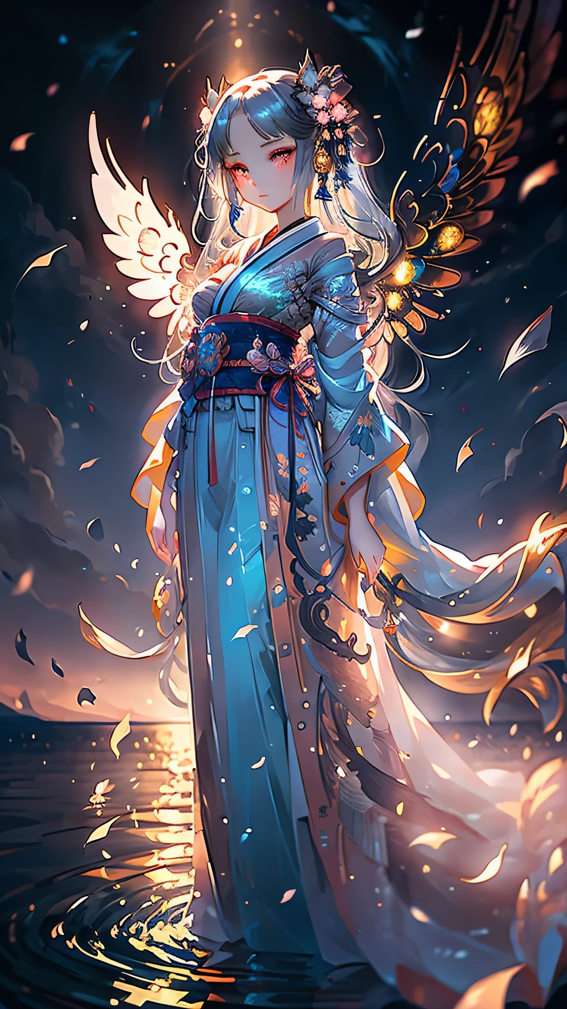 8K Hyperdetailed Anime Style Image:
A captivating 18-year-old girl, adorned in a stunning green kimono, stands tall against a backdrop of a breathtaking night sky, accentuated by the crescent moon. Her long blonde hair flows gracefully, illuminated by the ethereal glow of the moonlight. The enchanting girl boasts mesmerizing yellow eyes, radiating otherworldly beauty.
Her most striking feature, however, is the pair of majestic angel wings that emerge from her back, casting a fantasy atmosphere as they flutter gently, creating beautiful ripples on the water surface beneath her. The girl