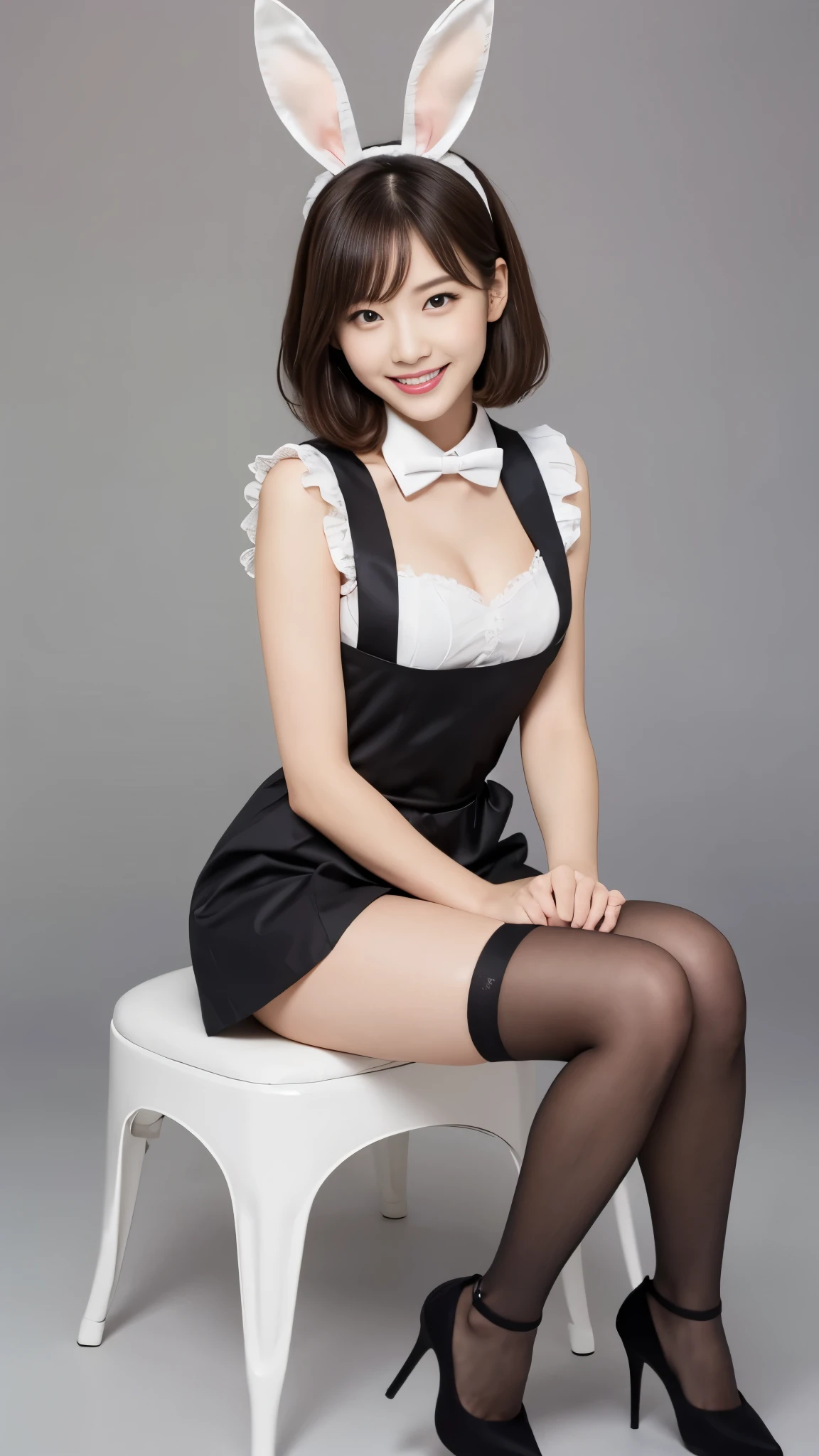 Bunny girl in maid outfit:1.5,Wearing black tights:1.5,The best smile:1.5,Full Body Shot:1.5,Gray background:1.5,Wearing black high heels:1.5,Short hair with side waves:1.5,Yankee sitting:1.5