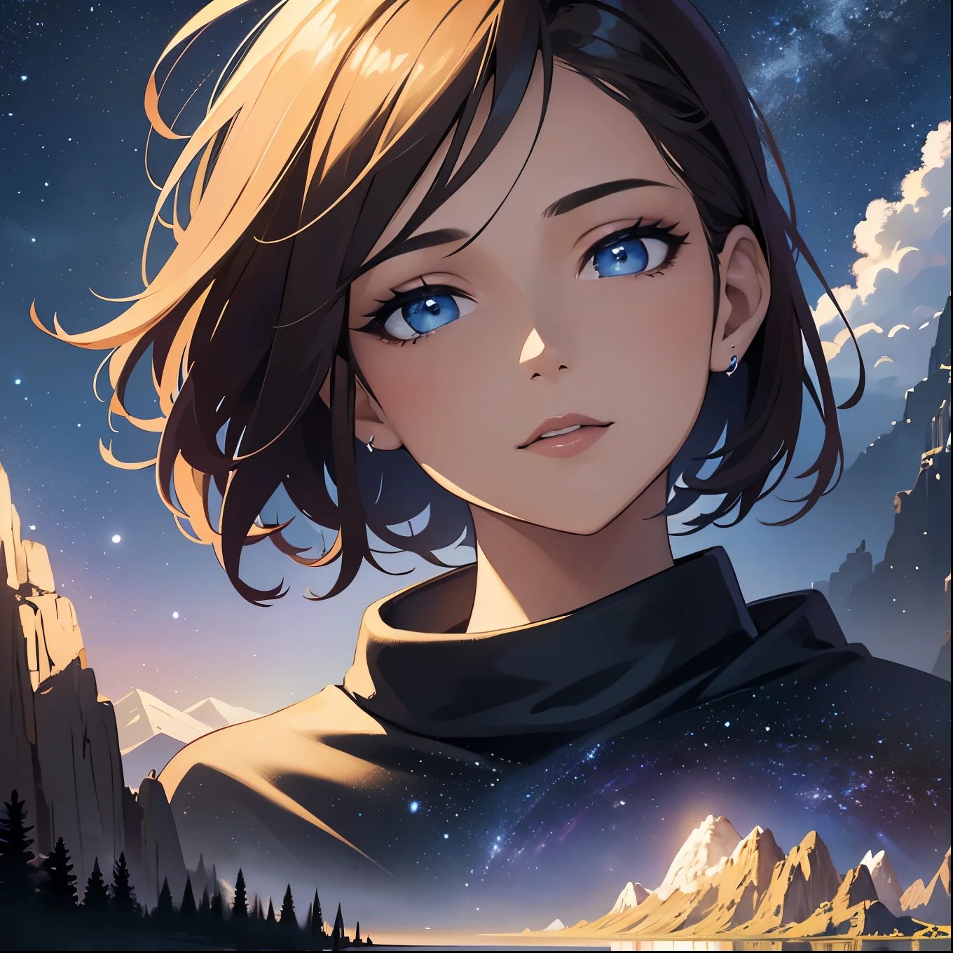 Starry Sky with Mountains and Lake, Jessica Rossier, Inspired by Jessica Rossier, Jessica Rossier Fantasy Art, Concept Art Magic Highlights, Official Artwork, Dream Painting, Ethereal Realm, Atmospheric artwork, dreamy matte paintings, serene endless stars inspired by Ted Nasmith, moonlit starry environments, epic music album covers.