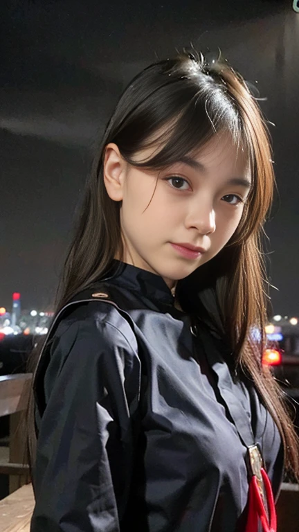 best quality, ultra high res, (photorealistic:1.4), 1girl, the girl wearing black sailor uniform, visual kei hair, gothic, night, city scape background, city light, cinematic lighting, 80s filter, zoom to face, detailed face , looking at viewer, front view