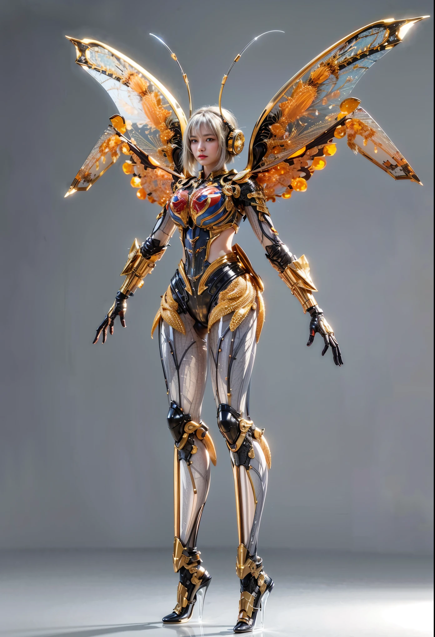 (top-quality:1.2, masterpiece), ultra high res,(Photorealsitic:1.4), (crab-like bio insect suit:1.2), heavy weapons,large wings, vivid textures,insect legs, gray hair, glowy skin, japanese girl beautiful face, ((super realistic intricate details)), full body shot, globalillumination, octan render, ultrasharp, character edge light, Details of complex ornaments, Acrylic Clear Cover, Hydraulic cylinder