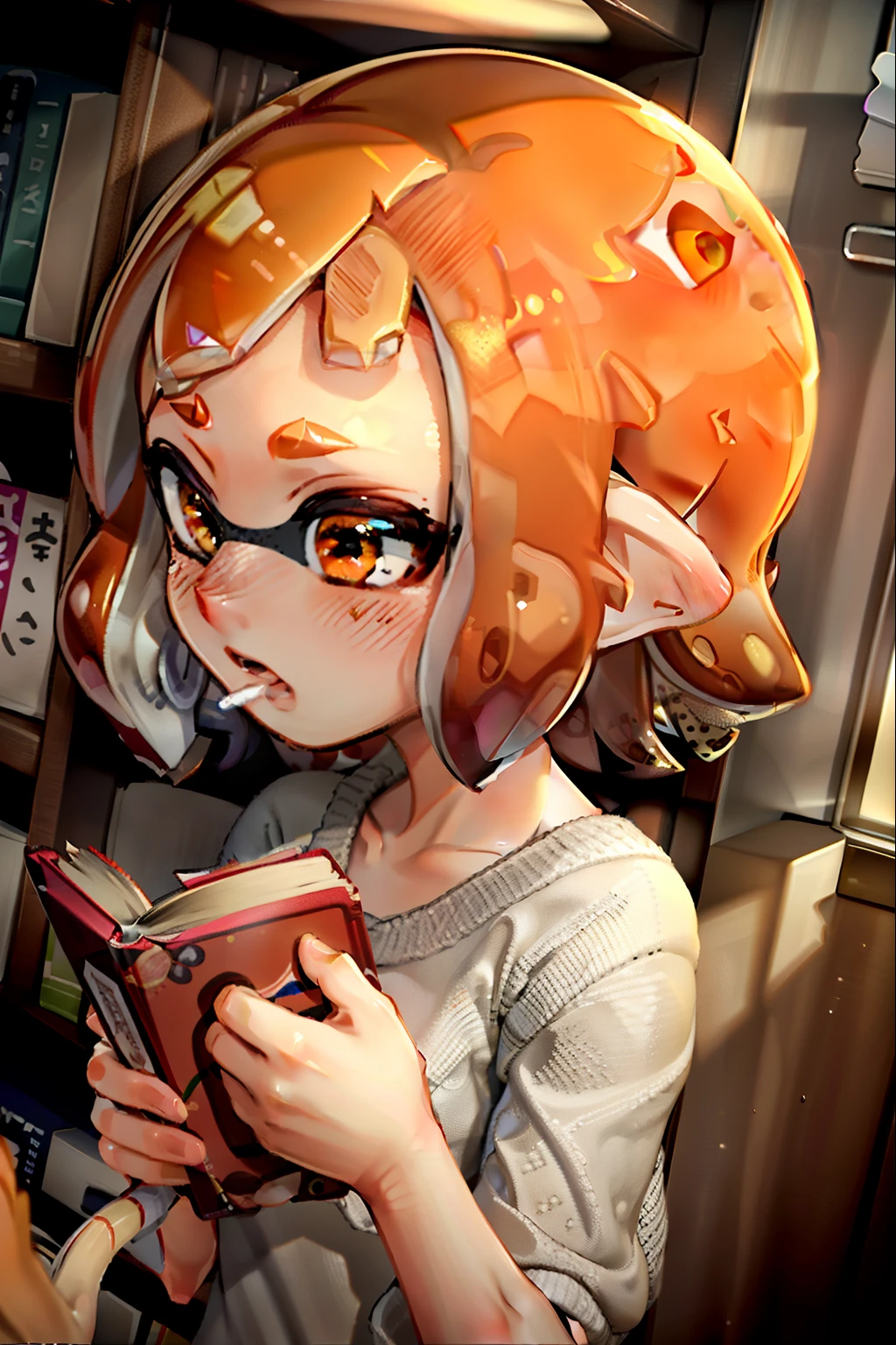 CG-10 ..., 3D, Real Anime、masterpiece,alone, Adult, (20 years) splatoon girl, NSFW, young, cute, (Otaku),librarian,profile, From the side ,Bookshelf, library,Loosen your curls indoors, Medium Hair, (((Orange tentacle hair))), ((Ginger)),(Freckels),Choosing a book, Book in hand, Golden Eyes, ((Capture the subjective mind, POV hands)), Grab your chest,(Mouth closed),(((((Embarrassing, Blushing))))) 、Blake's huge breasts、 ((Capture the subjective mind, POV hands, Grab your chest)), Colorful cute bikini, ((Capture the subjective mind, POV hands, Grab your chest))