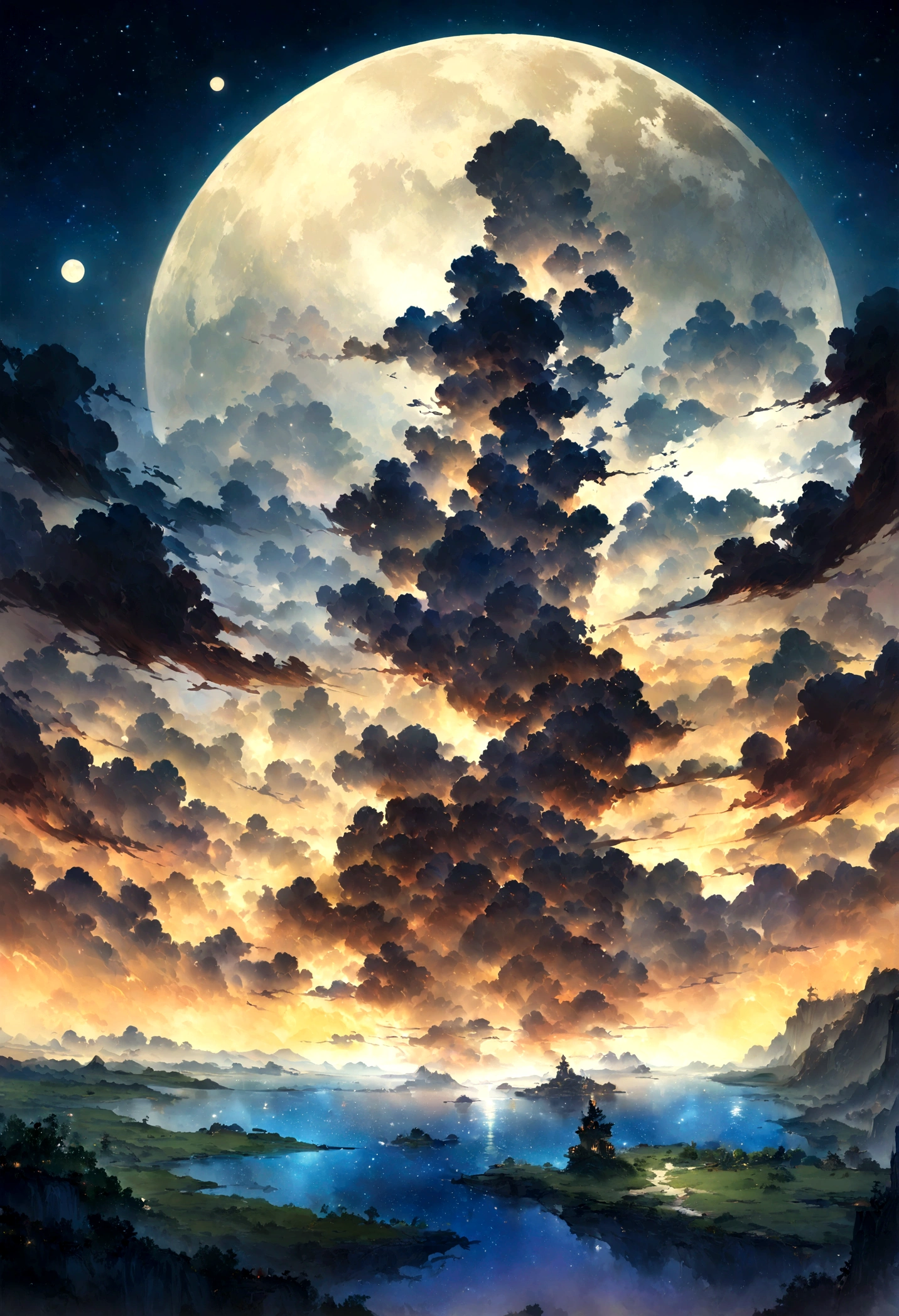 Painting of a river with stars and moon floating in the sky, Concept art inspired by Mitsuoki Tosa, pixiv Contest Winner, highest quality, Fantasy art, Beautiful anime scene, Bright Moon, 月明かりとStarry Skyの環境, Dream painting, Anime Background Art, Fantasy Landscape Painting, Fantasy Night, Anime Background, Background artwork, Amazing art, Atmospheric anime, Starry Sky, Detail enhancements.Highest quality,High resolution